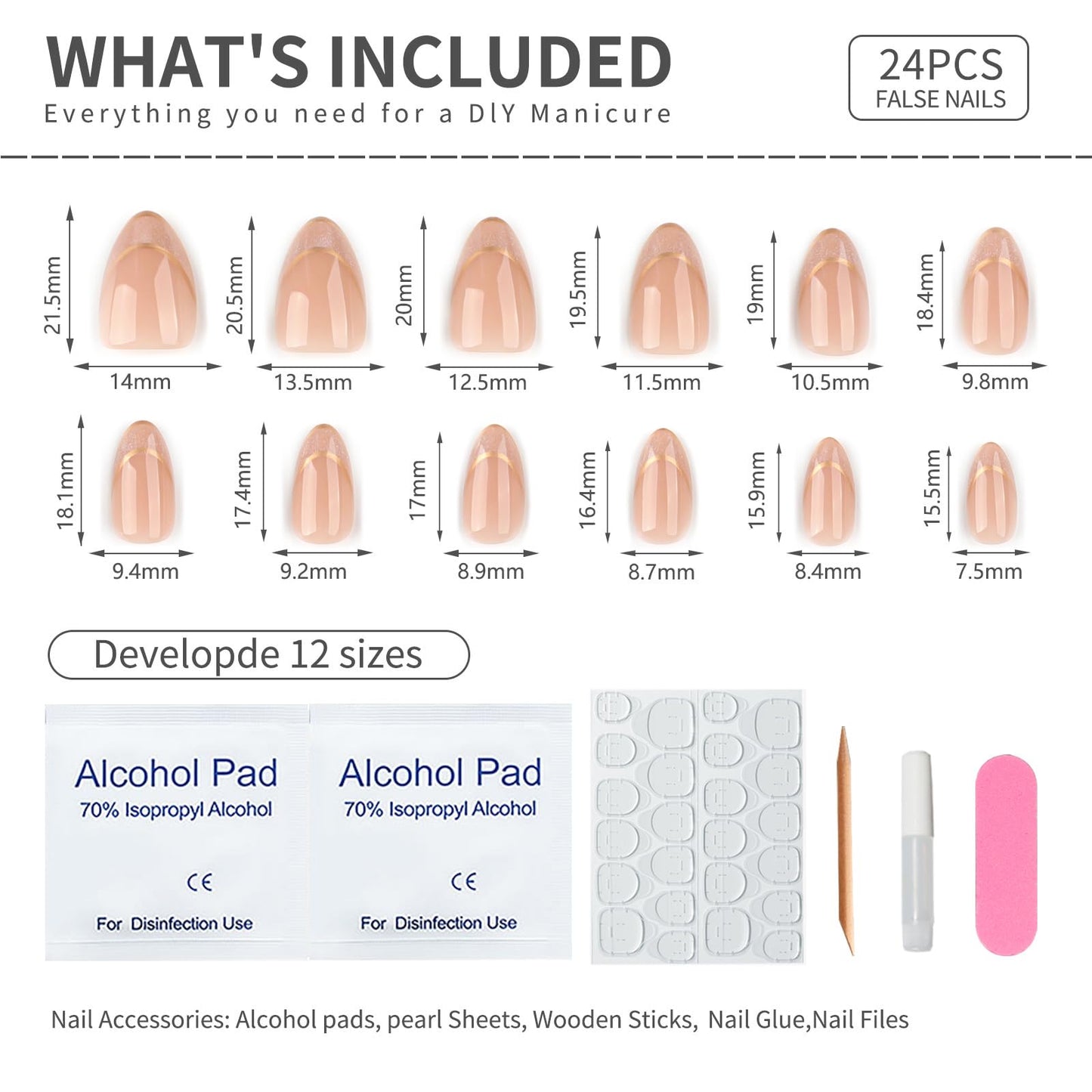 Short Almond Press On Nails – Nude Glitter French Tips with Gold Outline, Glossy Acrylic Fake Nails, Reusable Stick On Nails Kit for Women, Elegant Shimmery Manicure Set