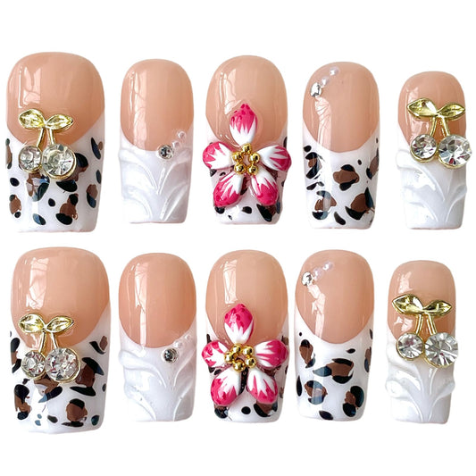 Handmade Press On Nails, 3D Velvet Floral Short/Medium Length Square White French Tips, Leopard Cherry Design, Reusable Acrylic False Nails (Velvet Jungle, M)