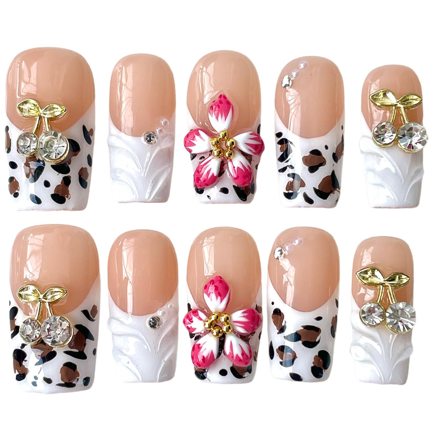 Handmade Press On Nails, 3D Velvet Floral Short/Medium Length Square White French Tips, Leopard Cherry Design, Reusable Acrylic False Nails (Velvet Jungle, S)
