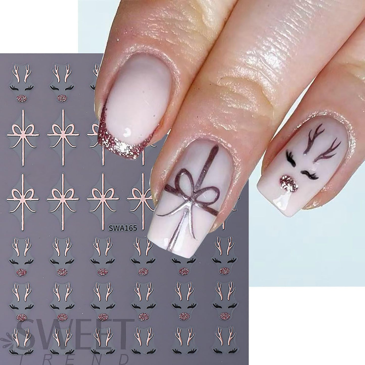 CJDLTS 6 Sheets Christmas Bow Cute Elk Nail Art Stickers Winter Holographic 3D Self -Adhesive Gold and Rose Gold Christmas Day Elk Bow Nails Decals Decoration for Women Xmas DIY Manicure