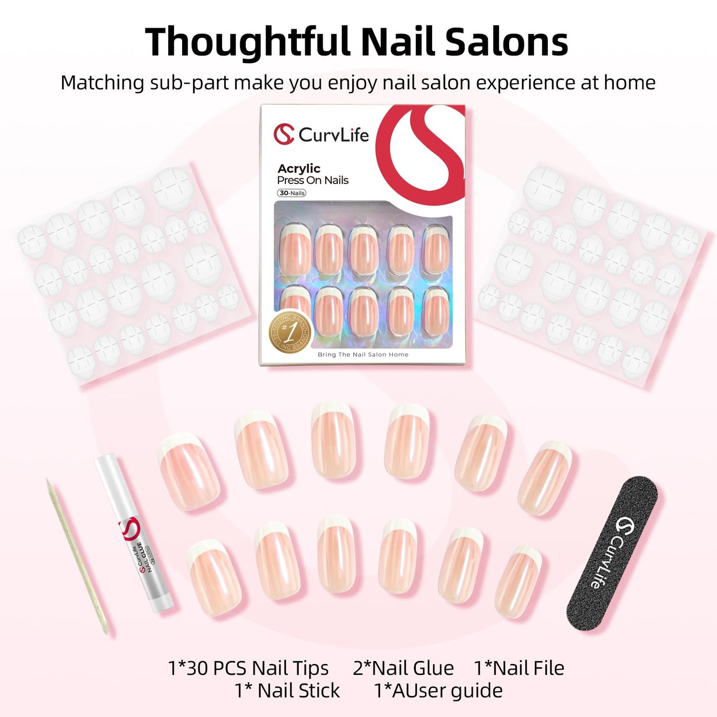 CurvLife Press on Nails 30pcs Short Square Acrylic Aurora French Fake Nails with Apricot Design Full Cover False Nails Glossy Nude Artificial Stick on Nails for Women