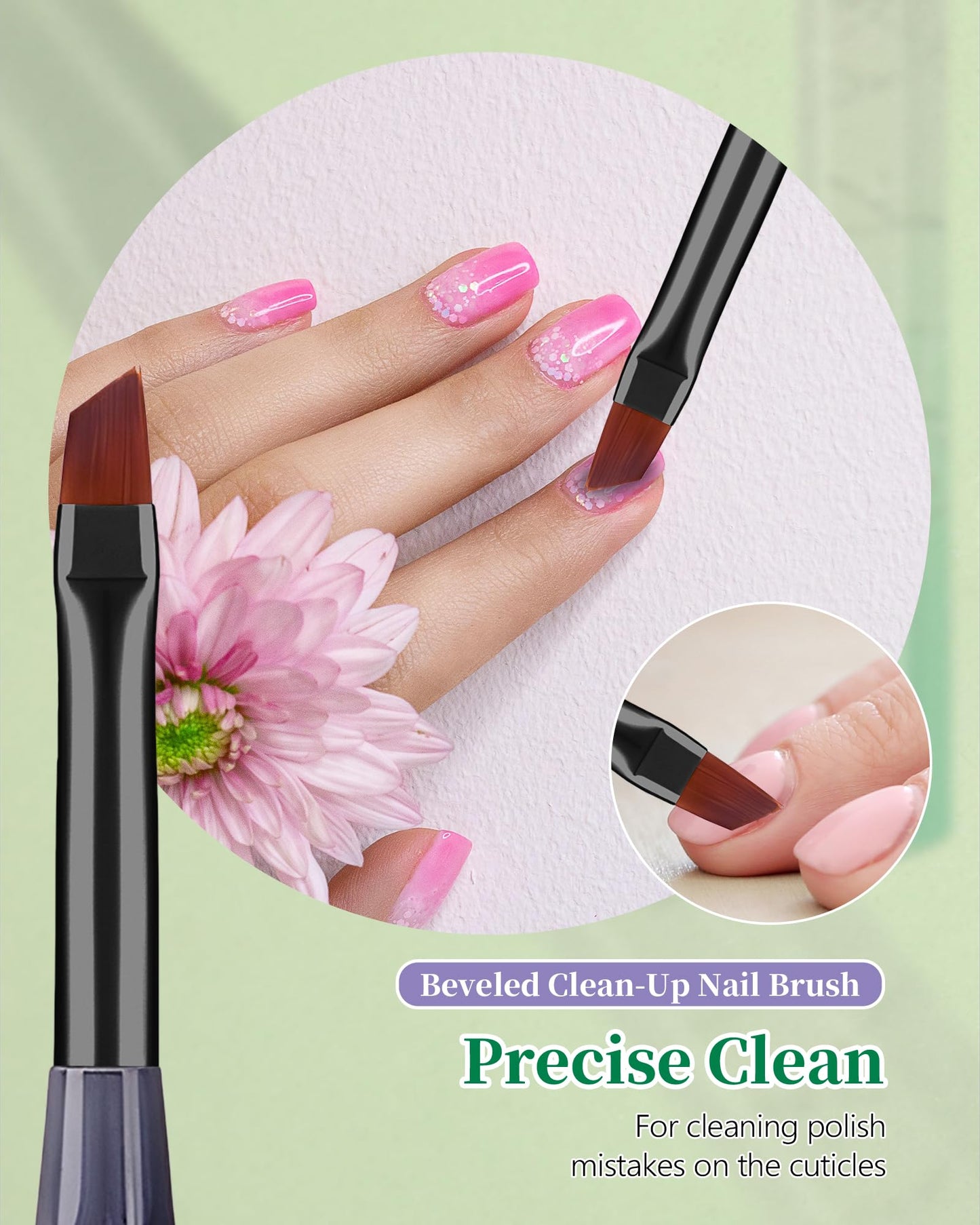AMilHiTon 5PCS Nail Art Liner Brushes for Fine Drawing & Detailed Nail Art, 3PCS Nail Polish Remover Brush for Tidying Up Polish Mishaps on Cuticles(Green)
