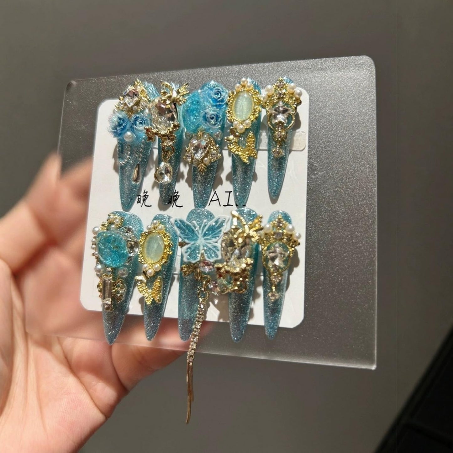 Luxury Press on Nails Long Almond Handmade 3D Unique Reusable ABS Material Fake Nails Light Blue Gothic False Nails with Designs Rhinestones Charms Glitter Glossy Glue on Thick Acrylic Nails(S)
