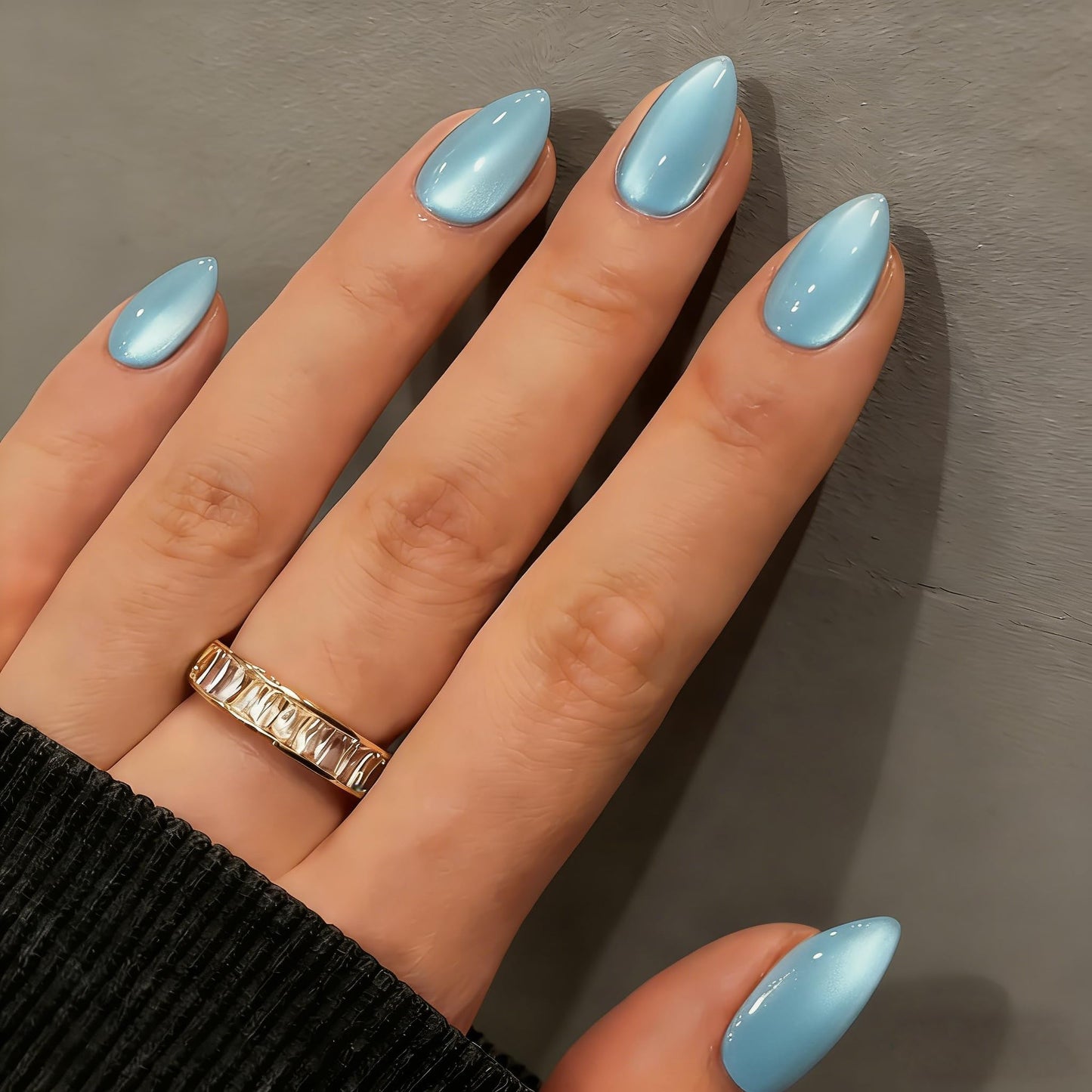 KQueenest Cat Eye Press On Nails Short Almond - Teal Green Press On Nails Short Stiletto, 32 Pcs 16 Sizes Glitter Fake Nails Press ons, Upgrade Thick Quality, Reusable Bling Glue on Nail for Women
