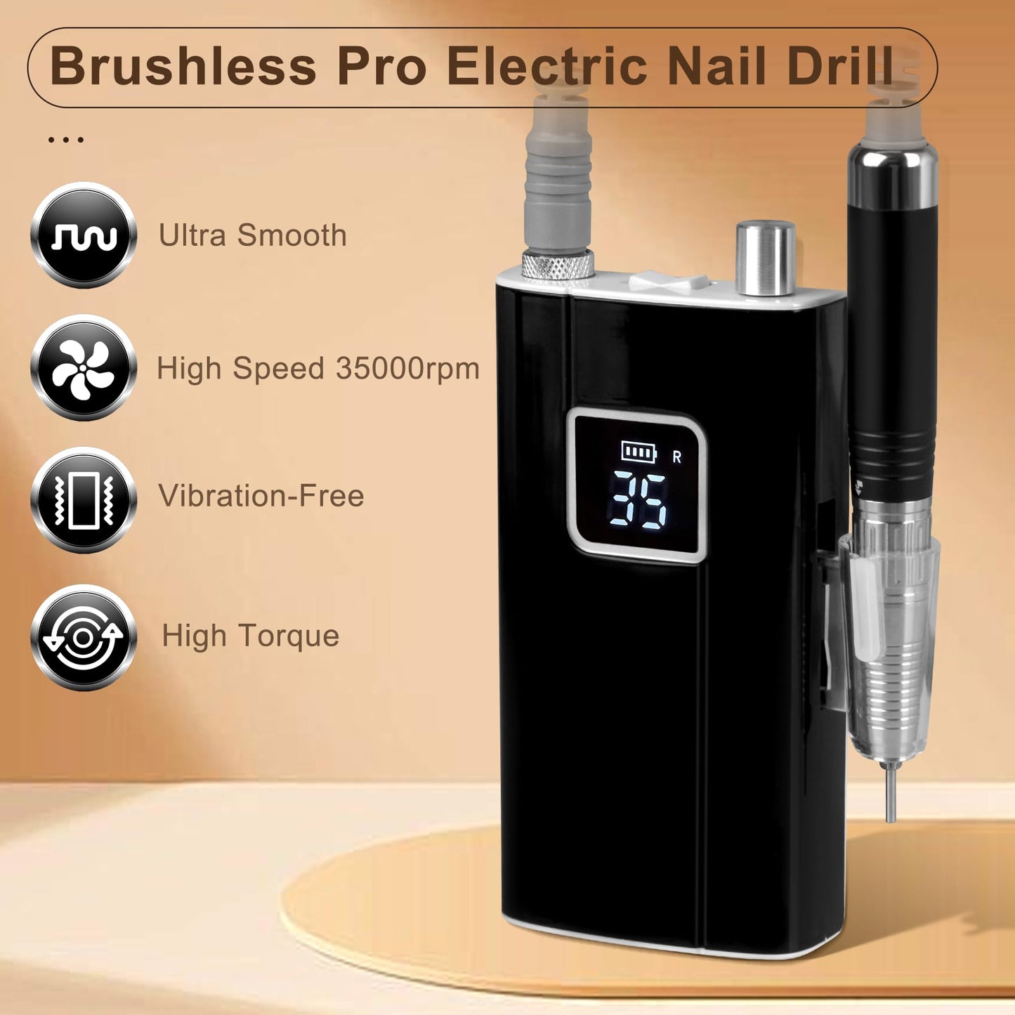 Professionl Nail Drill, 80w Brushless Pro Electric Nail Drill 35000rpm HoMove Cordless Nail Efile, High Torque, Quiet & Vibration-Free Electric Nail File for Nail Technicians,Home DIY (Black)