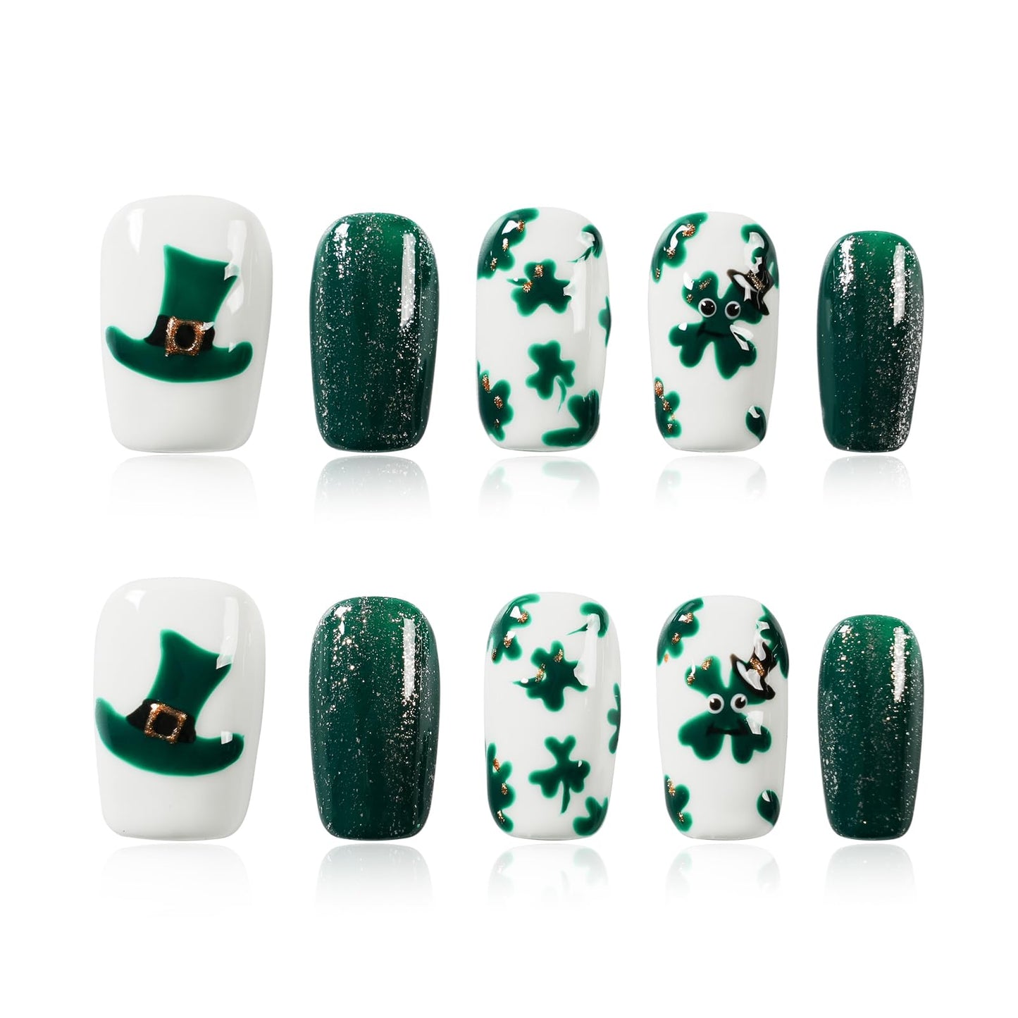 Tesytto Medium Coffin Press On Nails, Green Glitter & White Fake Nails with 3D Green Hat & Clover Print, Handmade Acrylic Nails Glossy Full Cover False Nails (Size M)