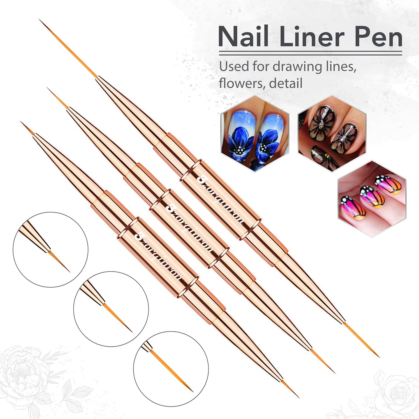 Nail Art Brushes for Nail Art, Professional 5Pcs Double-Ended Acrylic Nail Brush Set for Details, Long Lines, Ombre & 3D Design-Perfect for DIY Manicures & Salons (Gold)