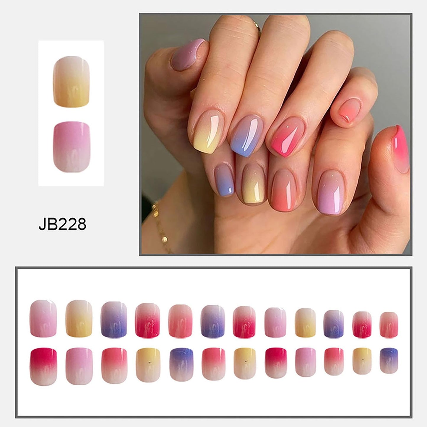 24Pcs Short Press on Nails RTKHFZE Square Fake Nails with Color Gradient Designs Artificial Nails Glossy False Nails Stick on Nail for Women and Girls