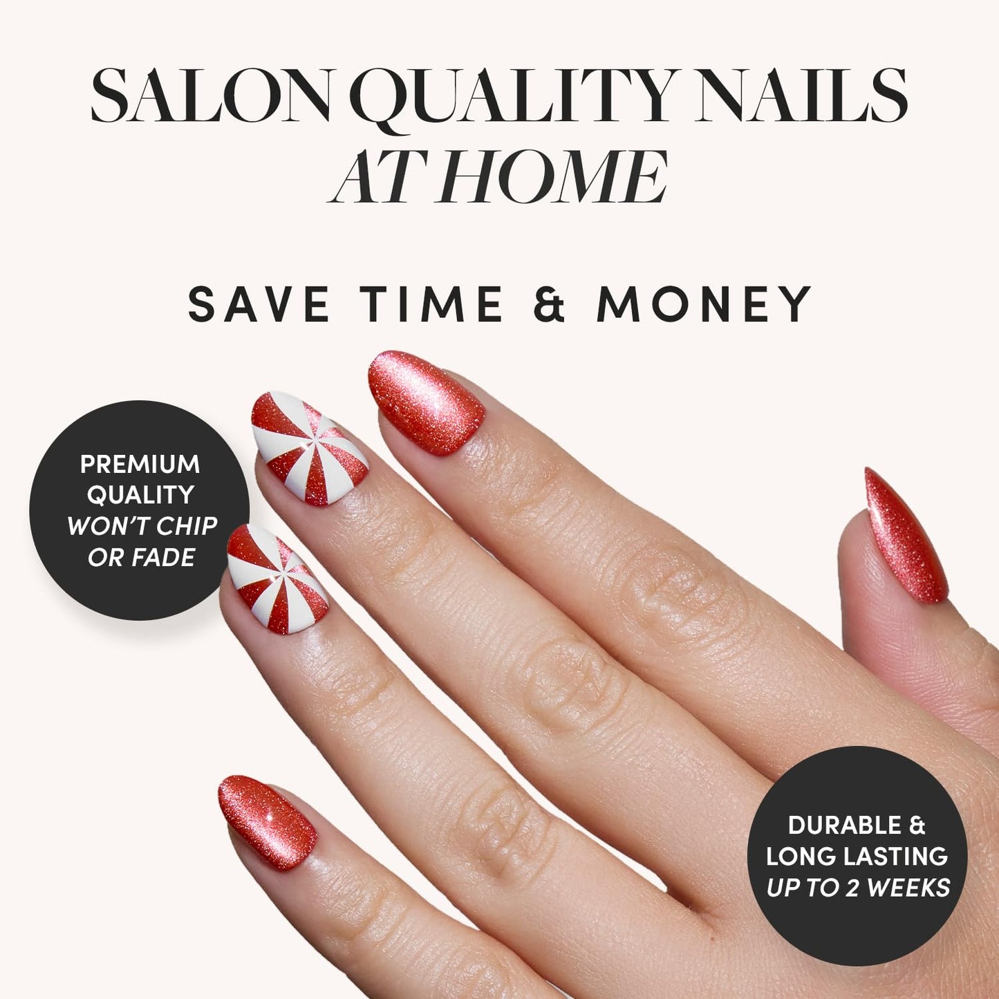 Glamnetic Press-On Nails Bundle - Candy Crush & Snow Bunny | Short Oval Fake Nails with Candy Cane Swirl Design and Velvet Finish | Pale Blue Short Almond Fake Nails with French Tips & 3D Snowflake De