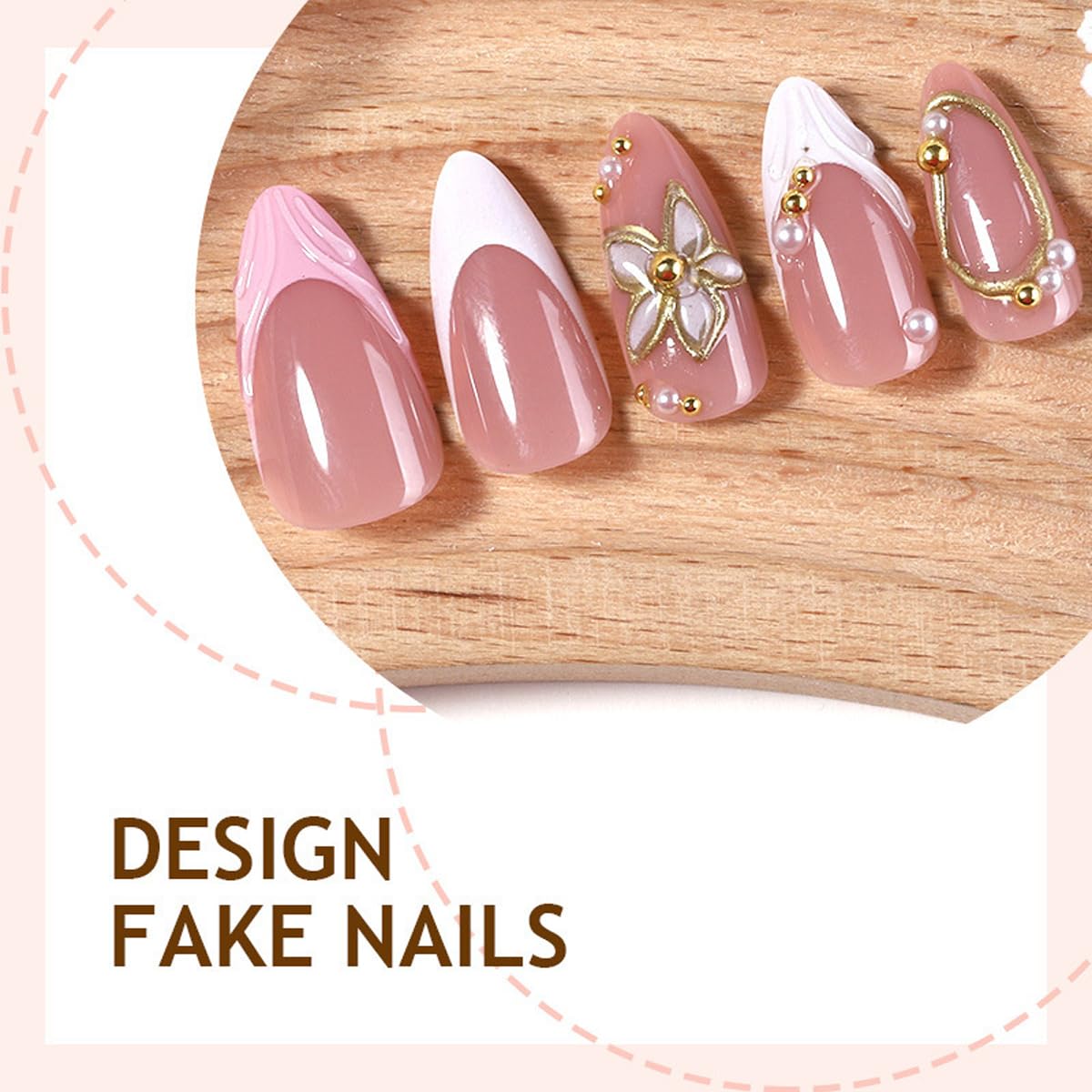 3D Wave French Tip Press on Nails - Medium Almond Fake Nails with Gold Flower | Line | Pearl Designs False Nails Spring Glue on Nails Full Cover Stick on Nails for Women Manicure 24Pcs