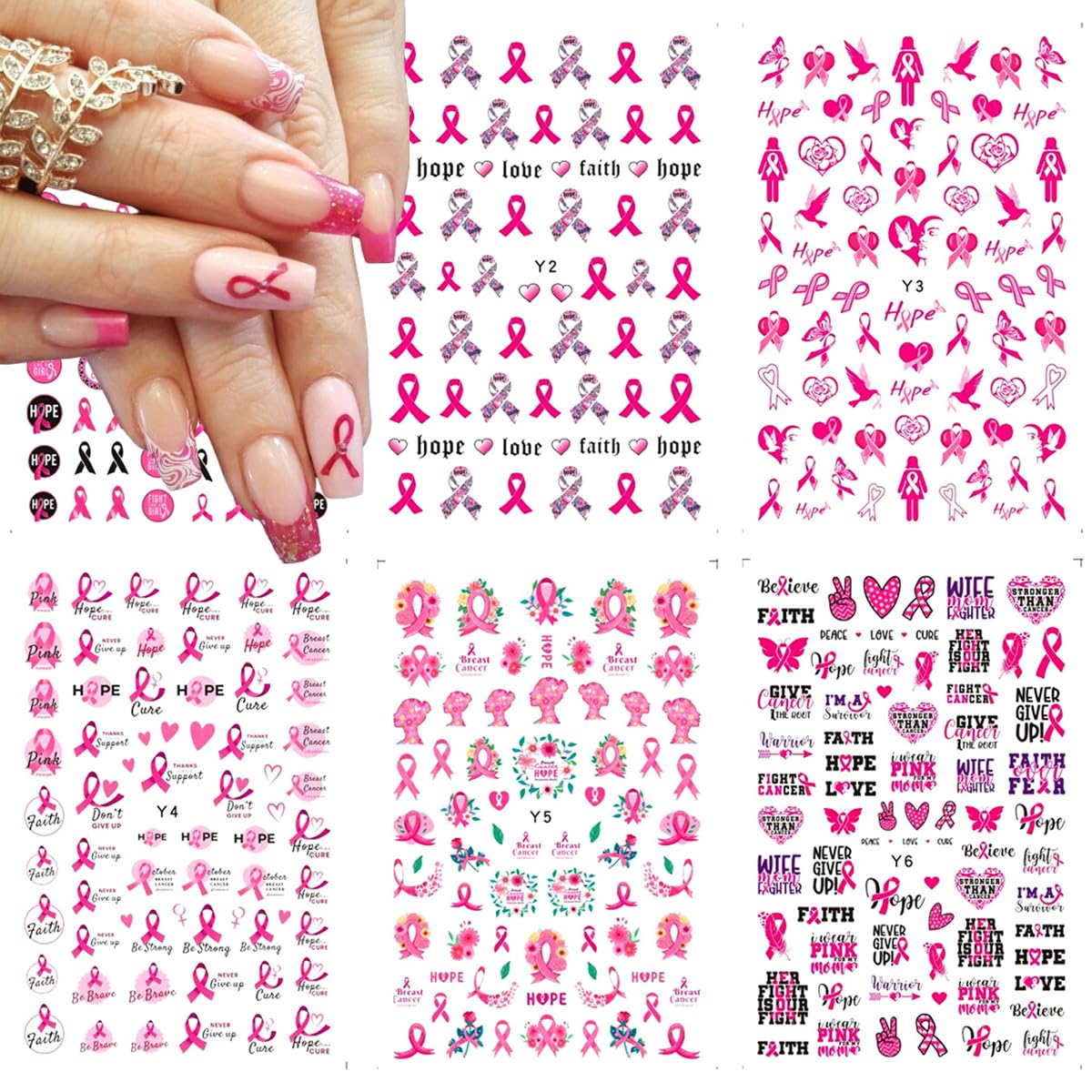 6Sheets Breast Cancer Awareness Nail Stickers - Self-Adhesive Pink Ribbon Decals for Women - DIY Nail Art Design Supplies with 'Love Heart' & 'Letter' Themes