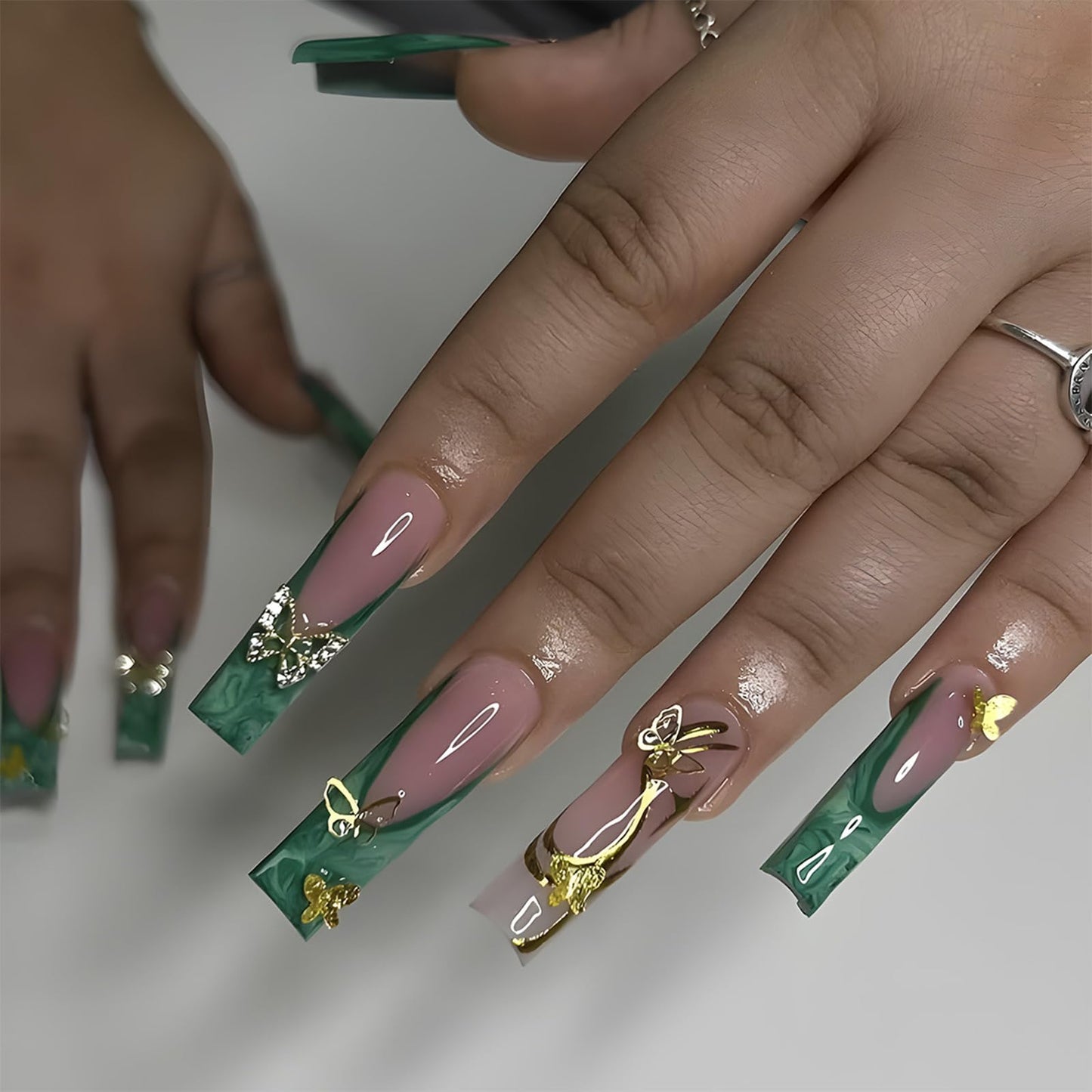 IMSOHOT Press on Nails Long Square Fake Nails Green Wave French Tips False Nails with Golden Butterfly Charms Designs Glossy Acrylic Gel Squoval Nail Supplies