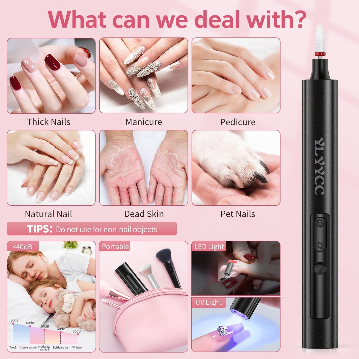 Cordless Nail Drill Electric File with UV Nail Lamp:Professional for Acrylic Gel Dip Powder Nails Portable Nail Drill Machine Kit for Manicure Pedicure Nail Set Rechargeable Lightweight (Black)