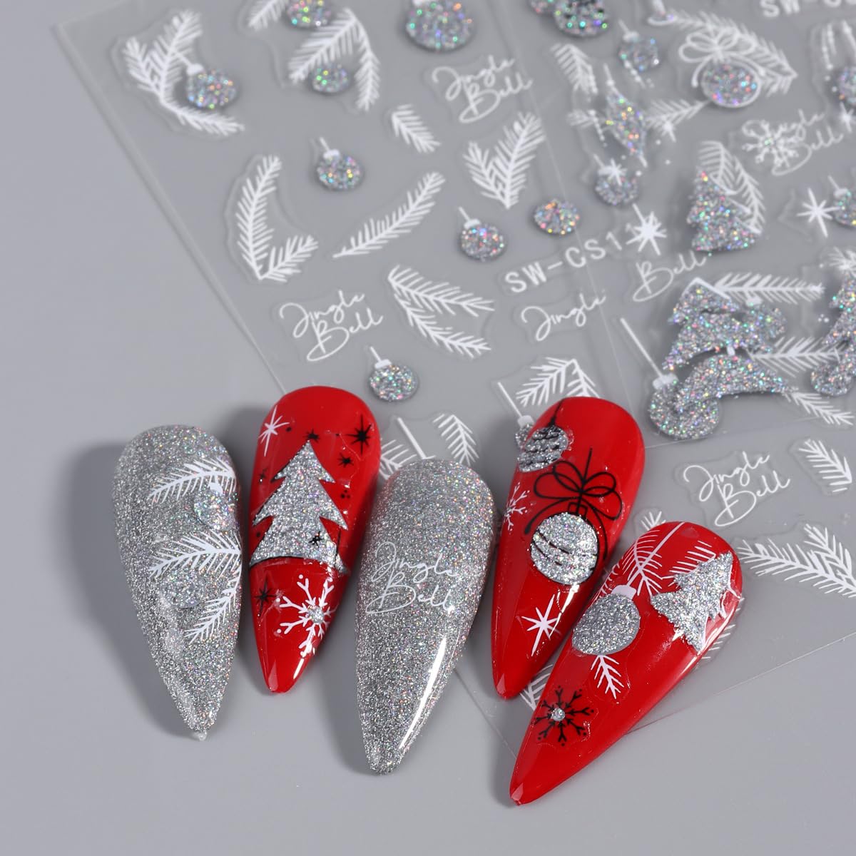 8 Christmas Nail Art Stickers Green French Snowflake Christmas Tree Elk Decal Stickers Silver Glitter Bell Bowknot Winter Design Suitable for Ladies Girls DIY Nail Art Decoration