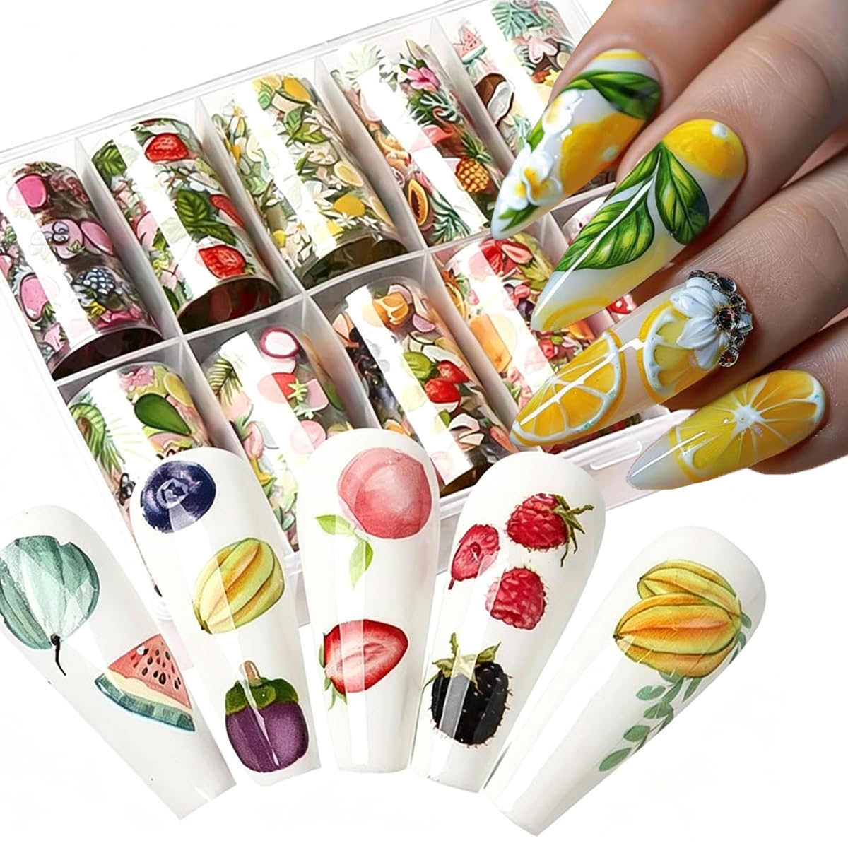 Fruit Nail Art Foil Transfer Stickers Summer Nails Foils Transfer Decals Lemon Strawberry Flower Fruit Nail Decals Nail Art Supplies Starry Sky Paper Nail Adhesive Slider for Women Manicure Decoration