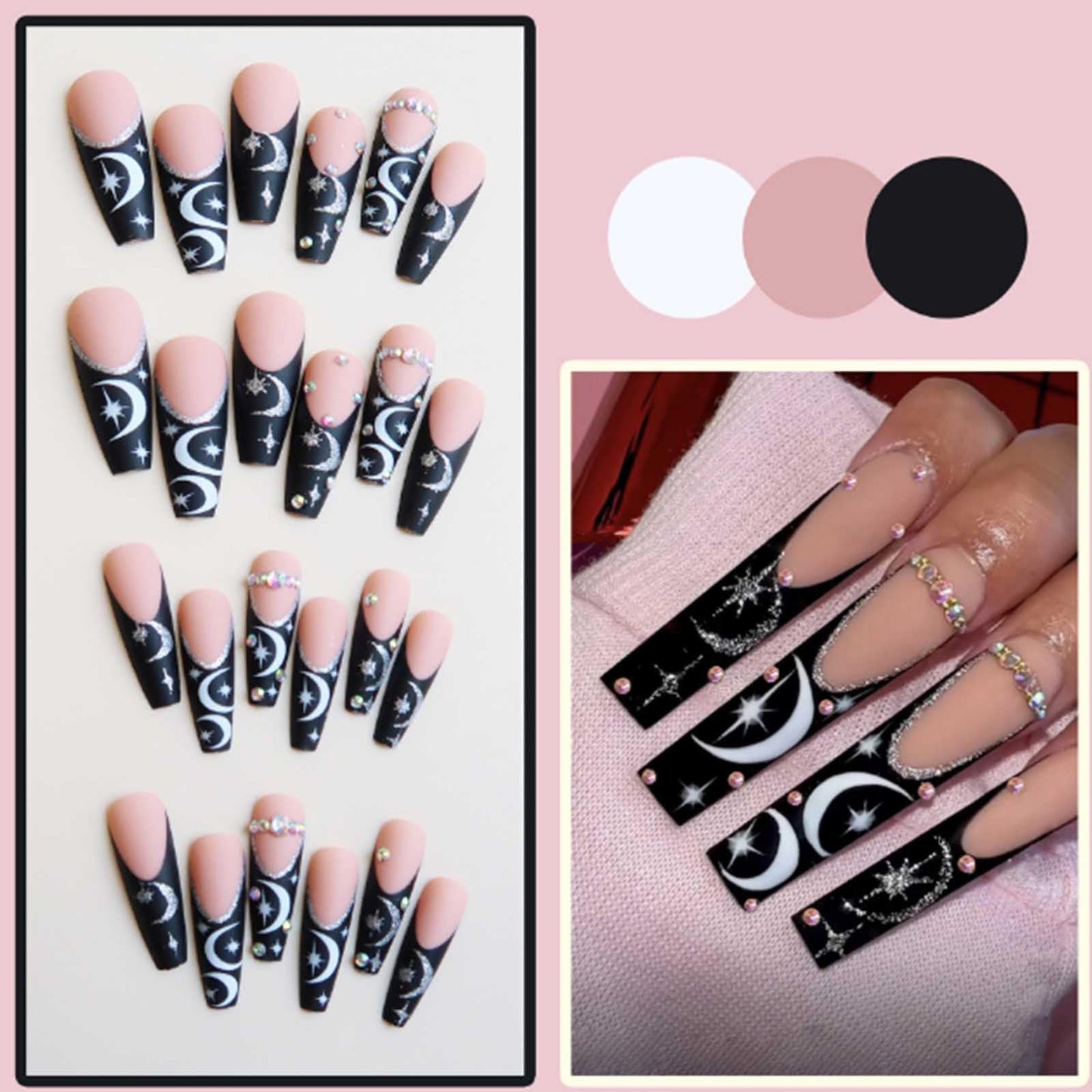 Gifiky Coffin Fake Nails Long French Press on Nails Moon Pattern Nails Tips Acrylic Full Cover Bling False Nails for Women and Girls 24Pcs