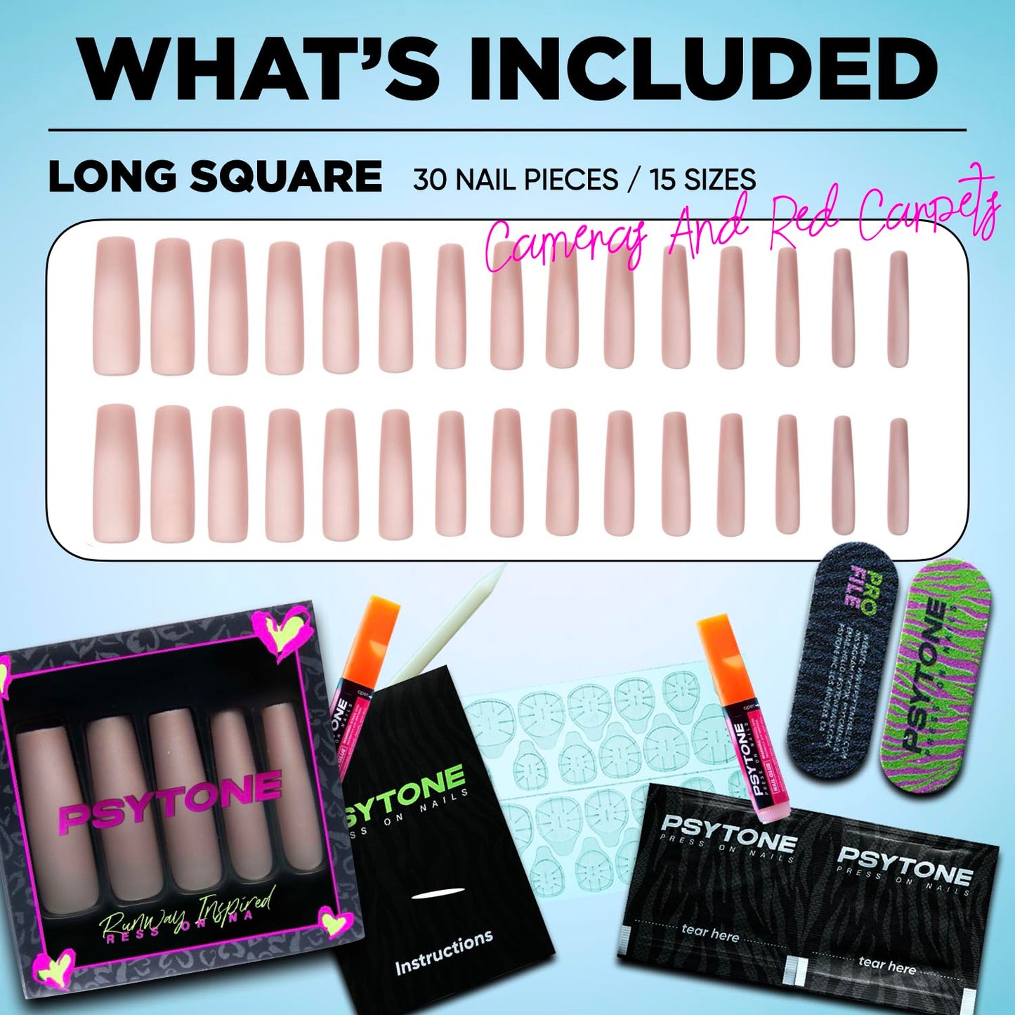 PSYTONE Matte Cat Eye Extra Long Square Press On Nails|15 Sizes - 30 Nail, Frosted Nude Pink Reusable Fake Nails Kit with Glue & Tools, Velvet Matt Finish for Women, Wedding, Daily Wear