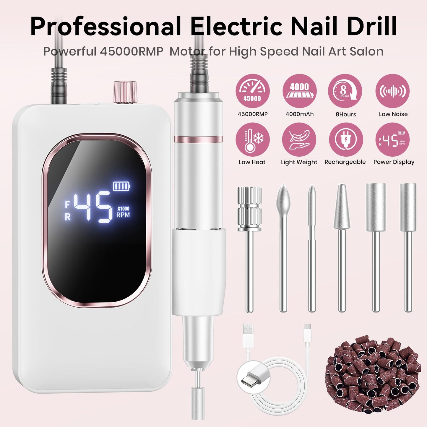 Professional Electric Nail Drill 45,000 RPM + 10pcs Nail Drill Bits & 50pcs Sanding Bands – Cordless Rechargeable Salon Kit for Acrylic, Gel Nails, Cuticle Removal, Shaping & Polishing