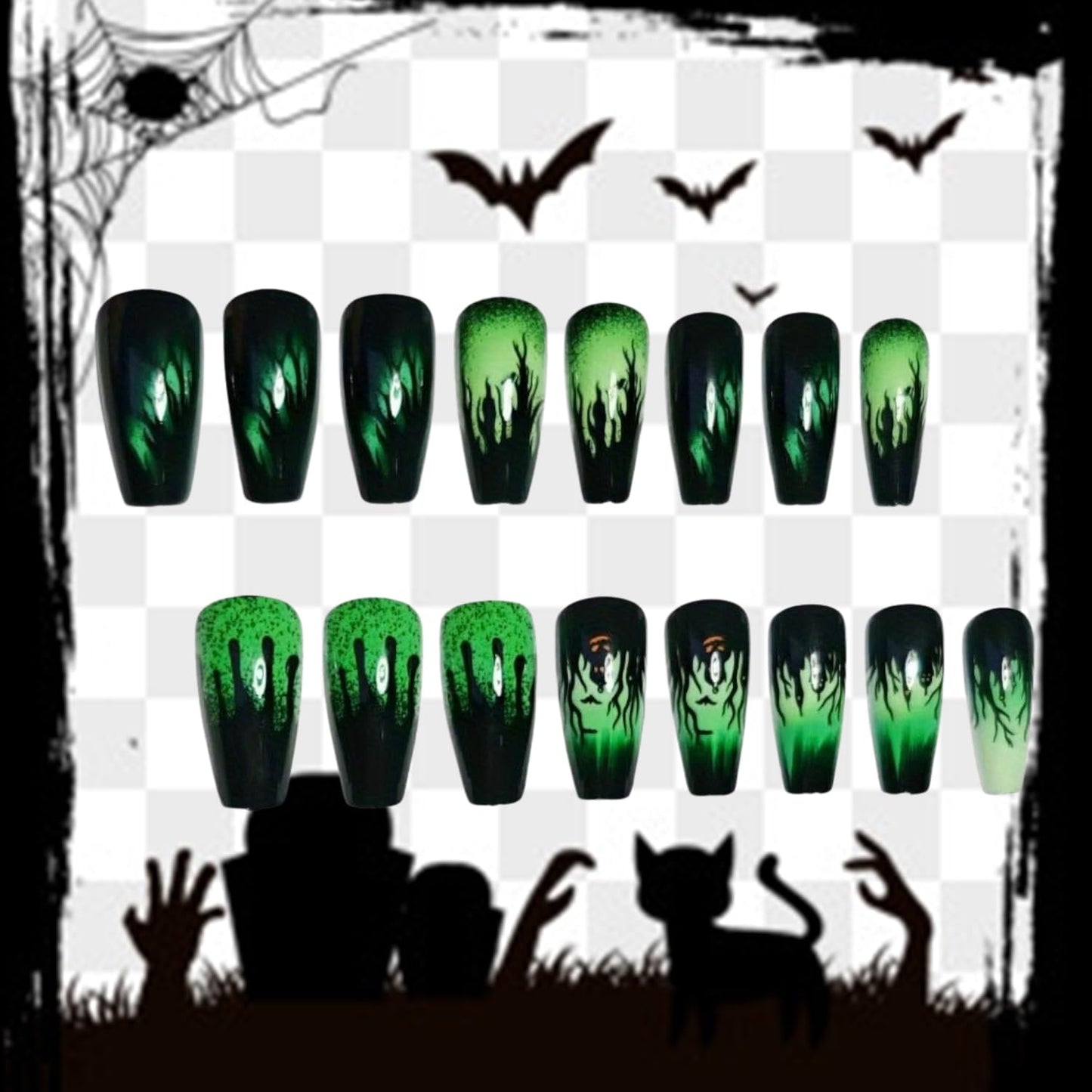 Halloween Press on Nails Long Ballet Shaped Bat Pumpkin False Nails Full Cover Artificial Acrylic Fingernails Castle Design Green Halloween Nail Glossy Festivla Glue on Nails for Women Supplies