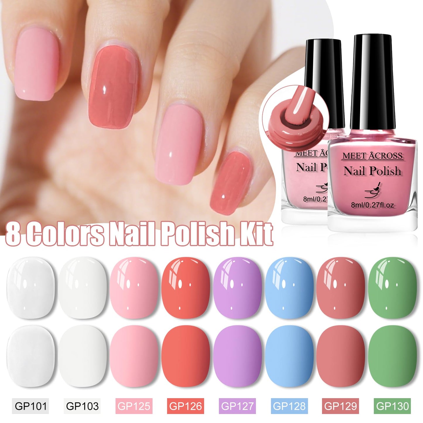MEET ACROSS 8 Bright Colors Nail Polish Set, Macaron Purple Pink Red Blue White Quick Dry Finger Manicure Kit Sheer Neutral Nude Pink Green DIY Nail Art Home Salon Gifts for Women Girls