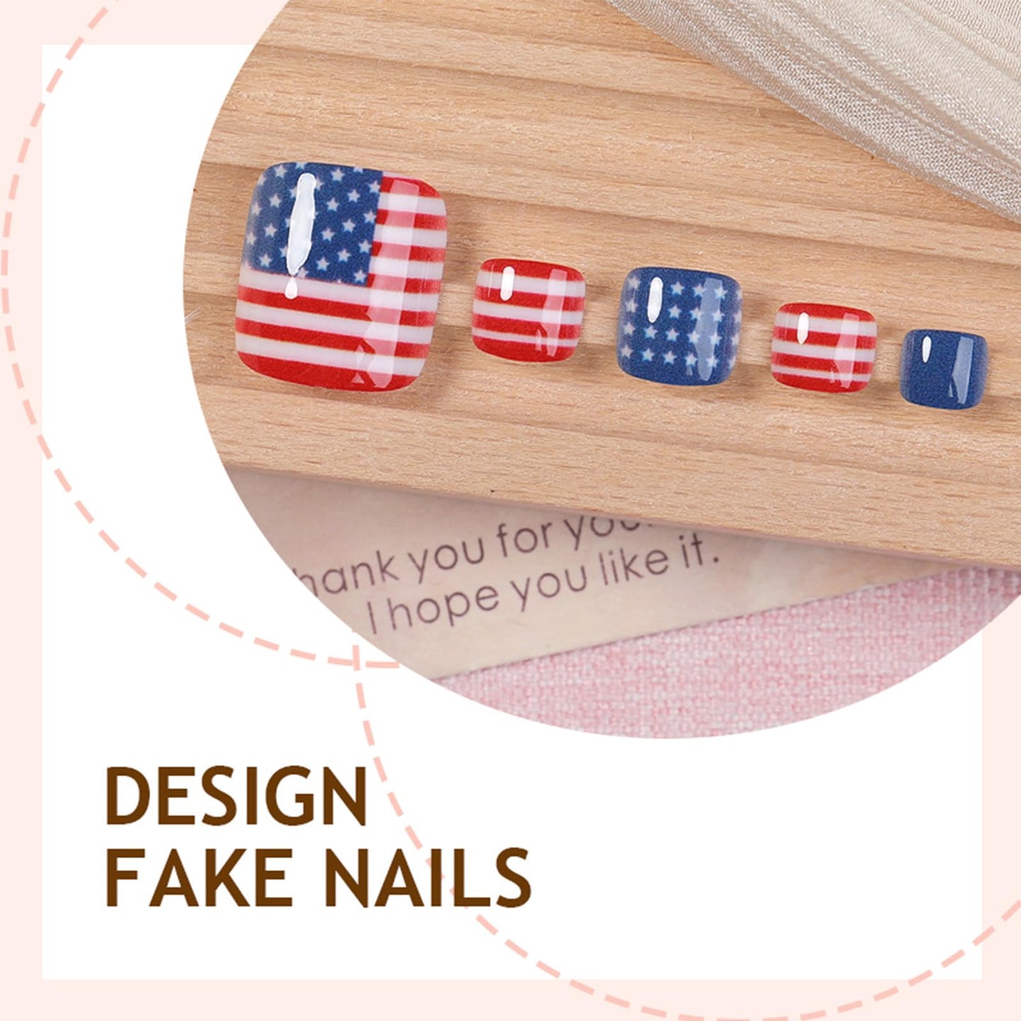 4th of July Press on Toenails Short Square Toe Nail Press ons Glossy Fake Toe Nails with American Flag Design Patriotic Toe Press on Nails Acrylic Stick on Toenails for Women 24Pcs