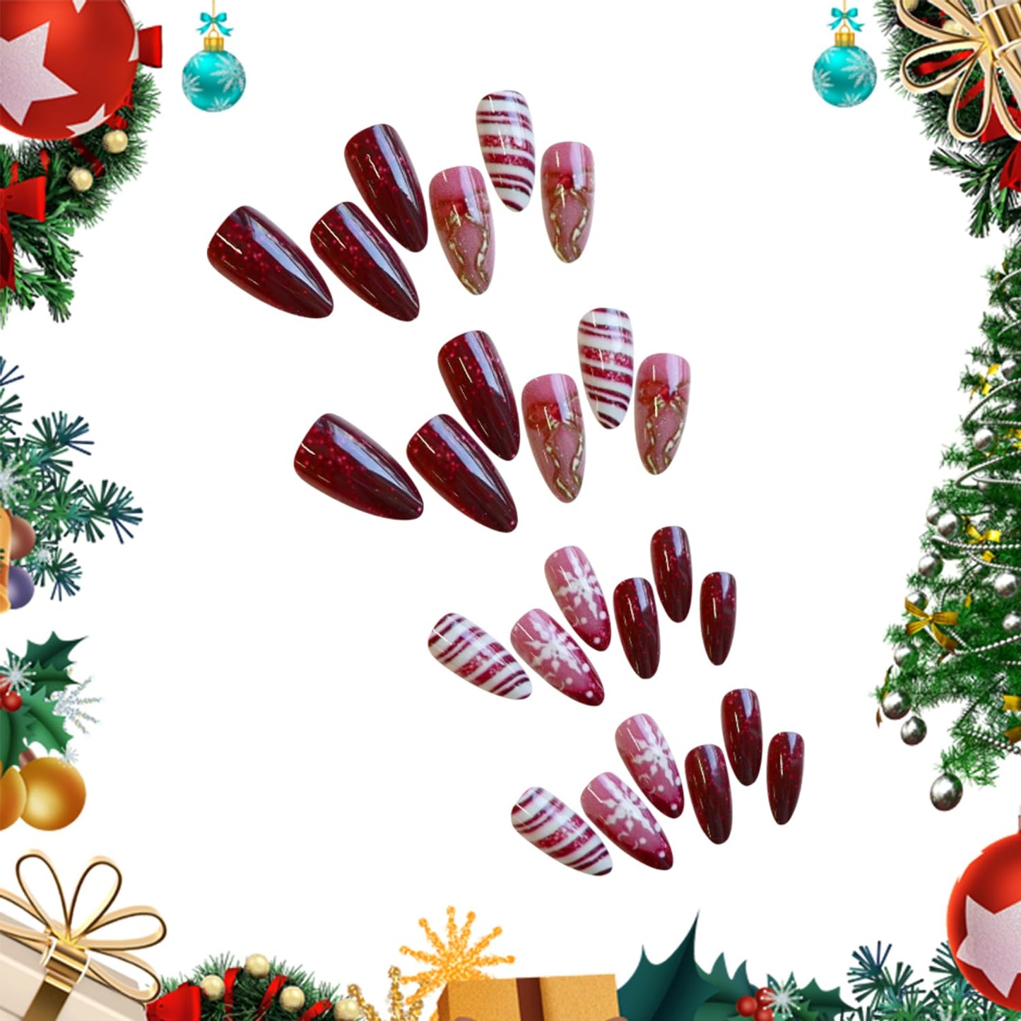 Christmas Press on Nails Medium Artificial Almond Acrylic False Nails French Red Tip Glitter Fake Nail Snowflake with Bow Xmas Stick on Nail Full Cover Reusable Coffin Artificial Fingernails for Women