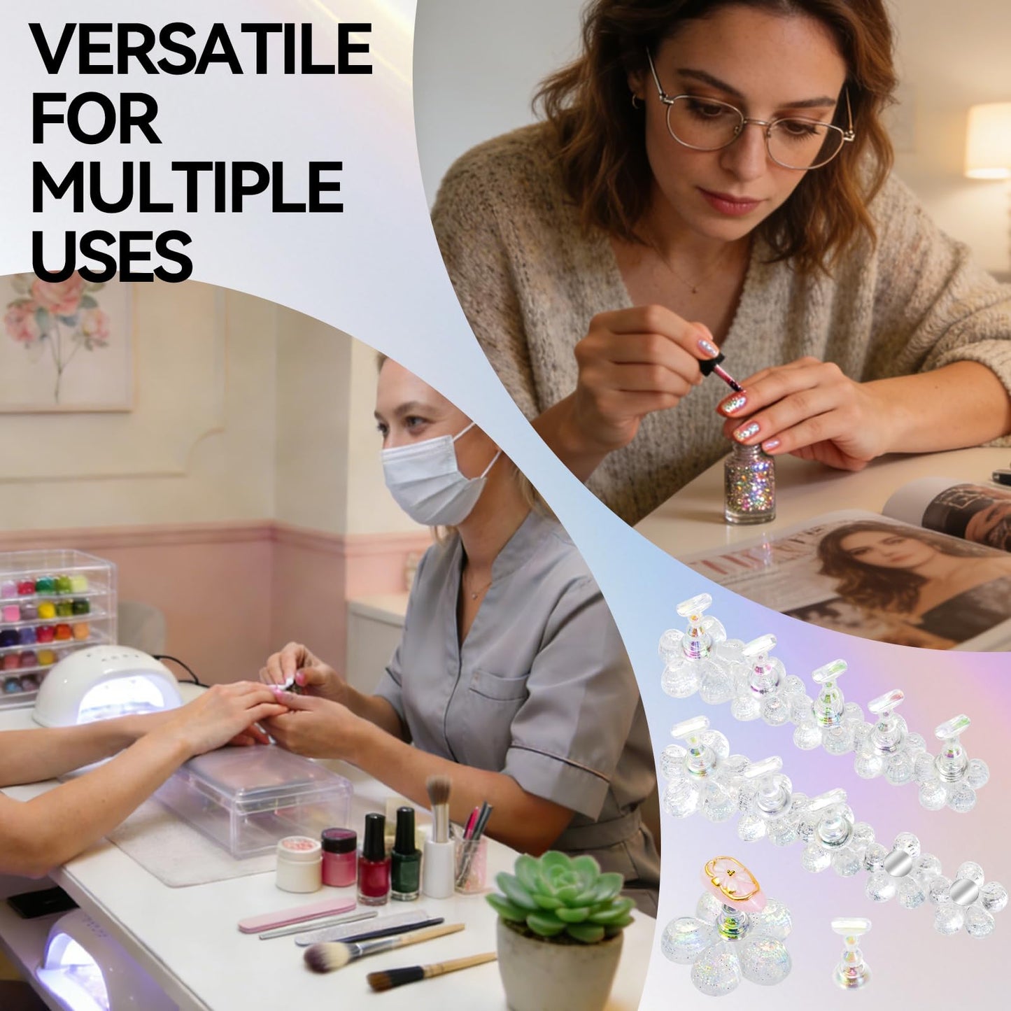 ESUOHYM Nail Stand for Press On Fake Nails Painting Display Practice, Powerful Magnetic Nail Holder for Design, Flower Nail Stand with 200 PCS Double-Sided Tapes, Nail Tools for Home Salon