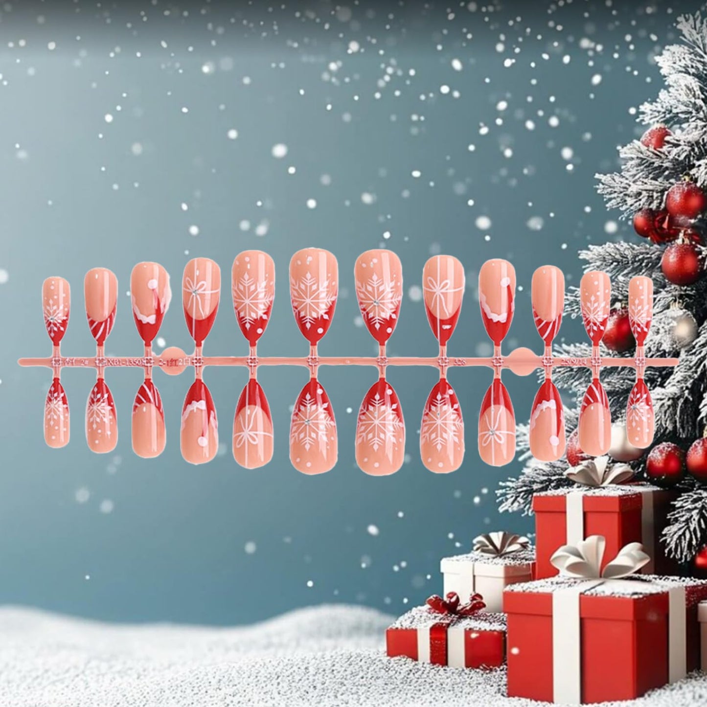 Glossy Red Candy Cane Acrylic Fake Nail Christmas Press on Nails Christmas Hat Medium Almond False Nails Snowflake Stick on Fingernails 24Pcs Rhinestones Gel Glue on Nail for Women Xmas Gift