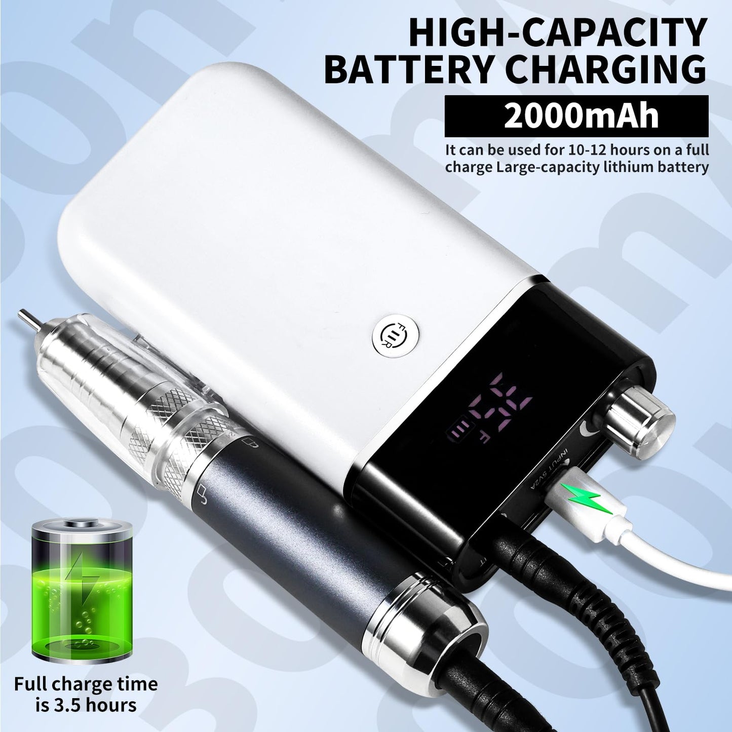 Moskany Professional Electric Nail Drill Kit White Portable Rechargeable Cordless Nail File Machine 35000 RPM with 7PCS Bits for Acrylic Gel Powder Nails Polish Pedicure Toenail Tool Salon Set