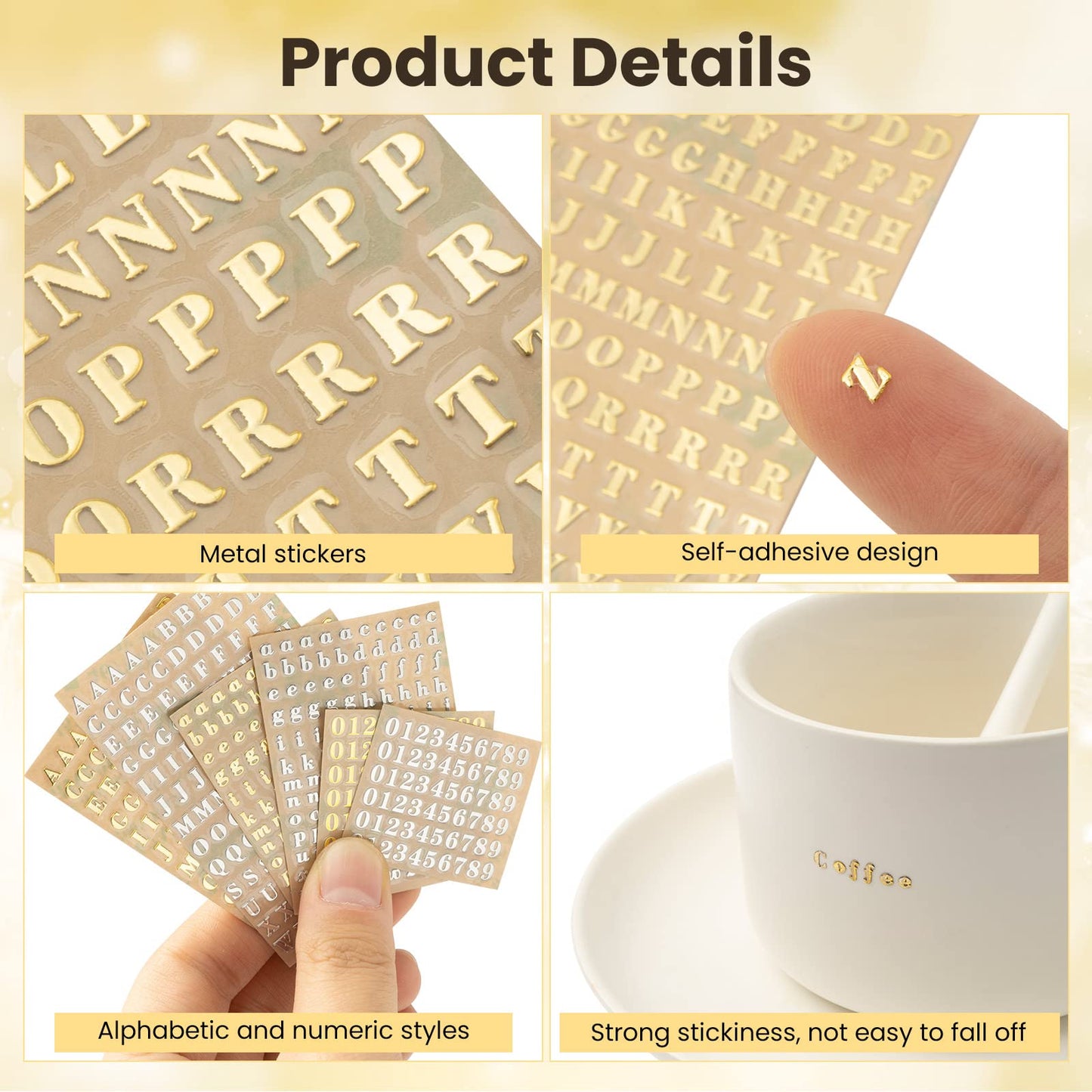 EORTA 6 Sheets 0.12inch Alphabet Number Stickers Mini Letters Decoration Glitter Alloy Self Adhesive Decals for Epoxy Resin Casting Decoration DIY Crafts Scrapbook, Golden/Silvery, 3mm