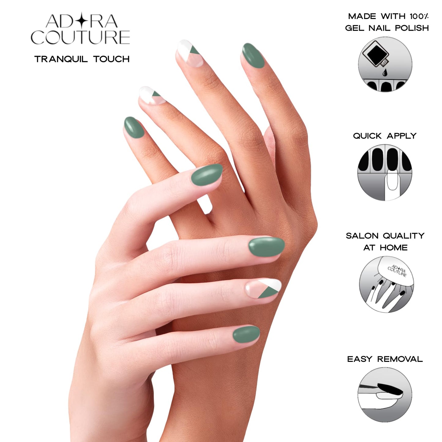 Adora Couture Semi-Cured Gel Nail Strips - 30 Salon-Quality Stickers with UV Light Required, Long Lasting, Easy Application & Removal, Includes Prep Pads, Nail File, Wooden Stick (Green French)