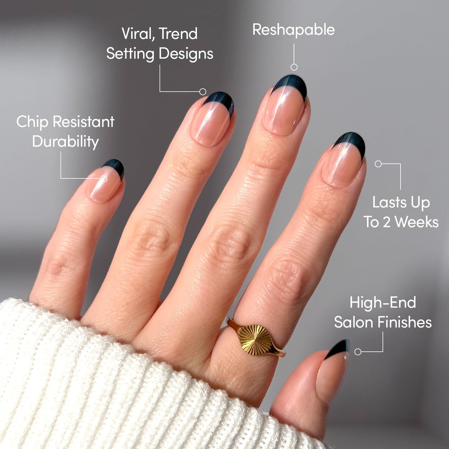 Glamnetic Press On Nails - Short Round Fake Nails, Black French Tip Nails, Onyx Glaze | 12 Sizes - 30 Nail Kit with Glue | Gift for Mom