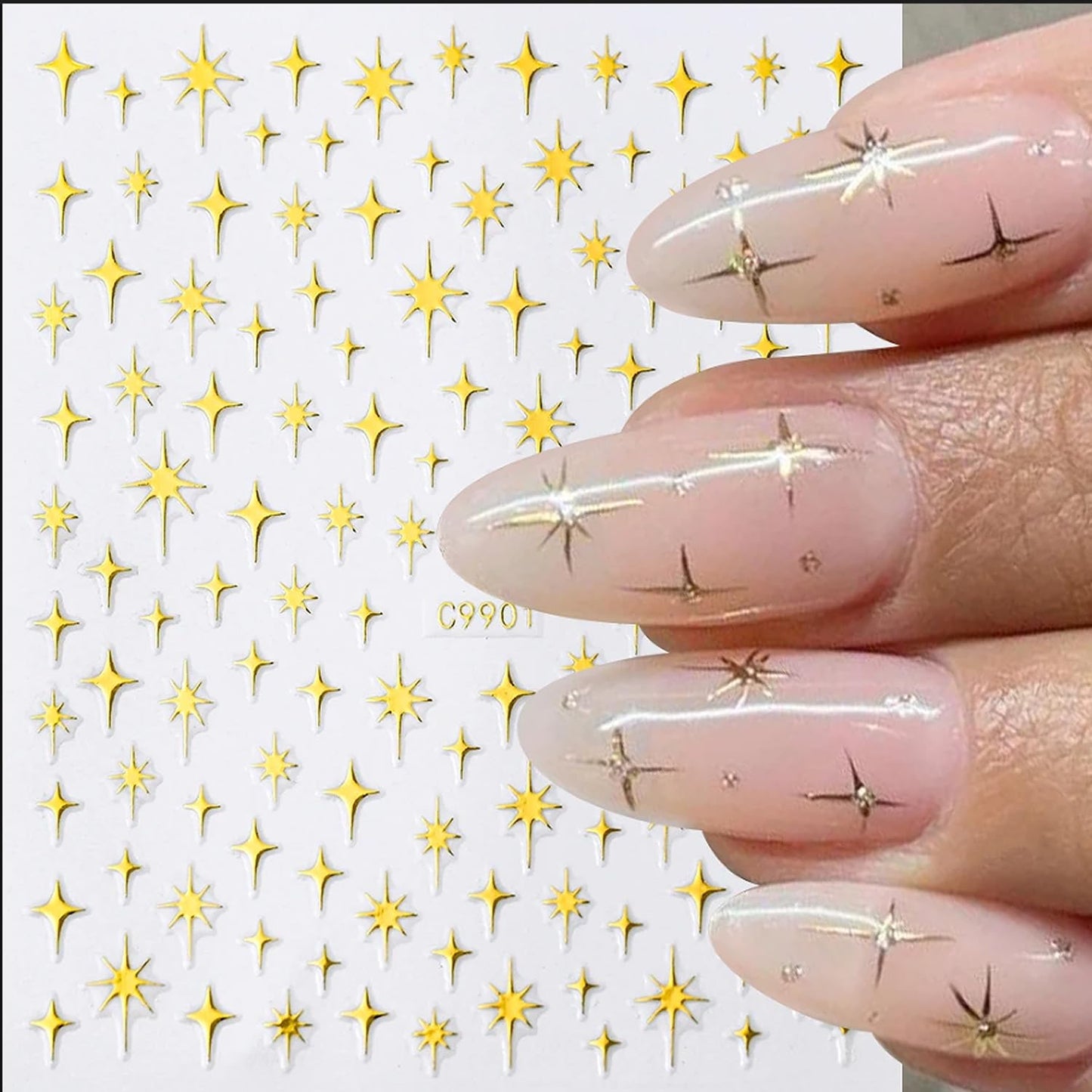 Star Nail Art Sticker 3D Glitter Metallic Laser Starlight Nail Stickers Silver Star Champagne Gold Black Shiny Sparkle Star Nail Tip Foil Adhesive Decals for Woman DIY French Manicure Accessories 6pcs