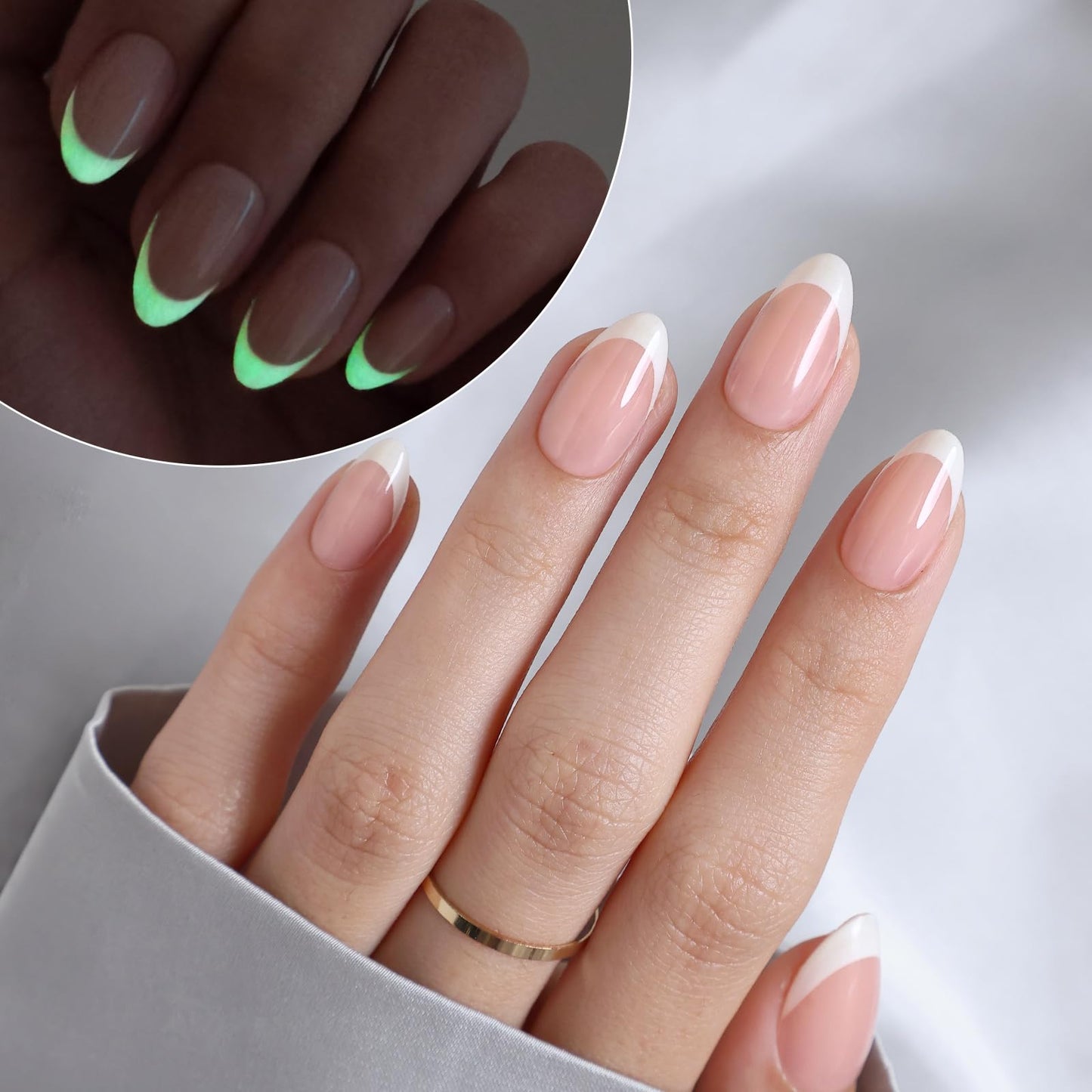 White French Tip Press on Nails Almond - SHANGMENG Glow in The Dark Short Nails for Women, Seamless Fit & Glossy Soft Gel Glue On Nails in 16 Sizes - 32 Fake Nails Kit with Glue, Moonlit Ballet