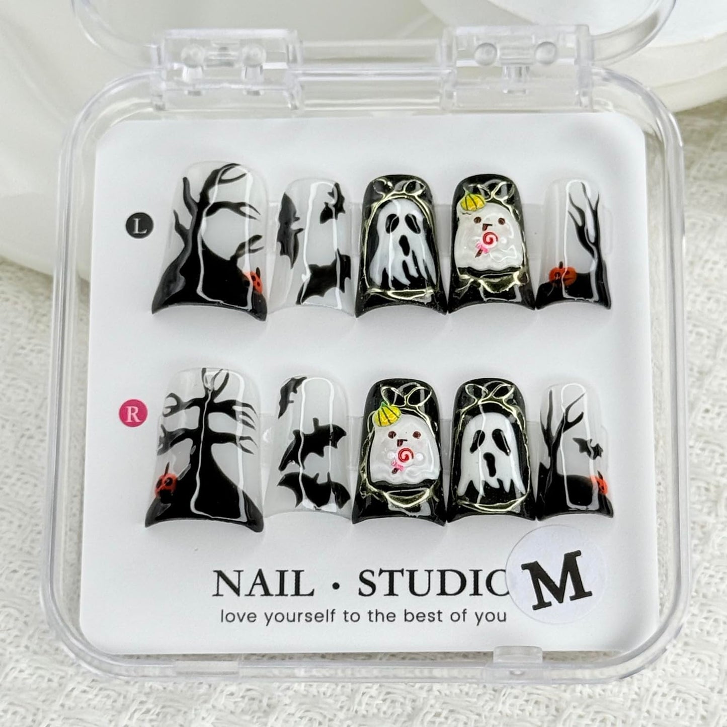 Halloween Press on Nails Ghost Press on Nails Short Duck Fake Nail with Pumpkin Head Bat Designs Handmade Full Cover Glitter Halloween Glue on Nail for Women Girls (Size S)