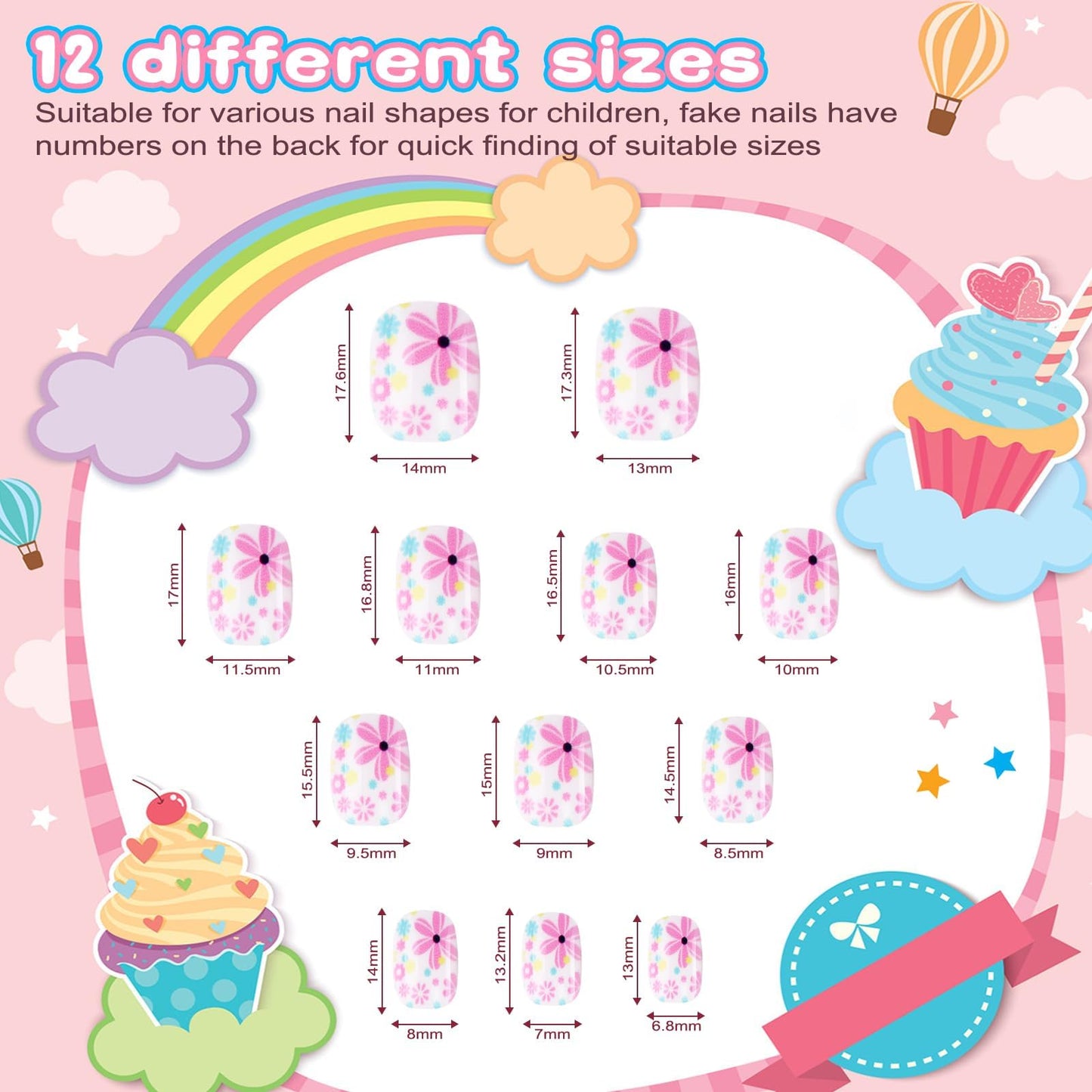 Jsiallye 192Pcs Short Press on Nails for Kids,8 Packs Children Stick on Nails Fake Nails for Kids,Pre-glue Full Cover Pink Flower Animail Nail Tips for 8-12 Year