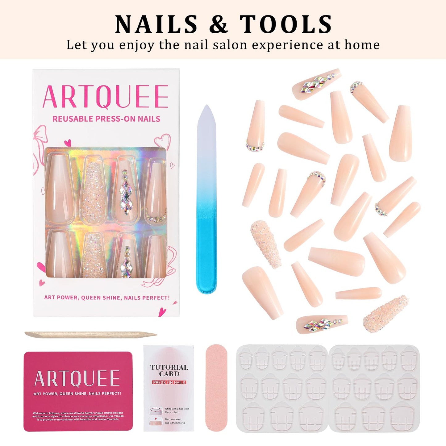 Artquee 2 Sets of Z04 Z19 48pcs French Tip Press on Nails Long Glossy Coffin Fake Nails Nude White Ombre Art with Rhinestones Luxury design False nails Acrylic Stick on False Nails Tips for Women