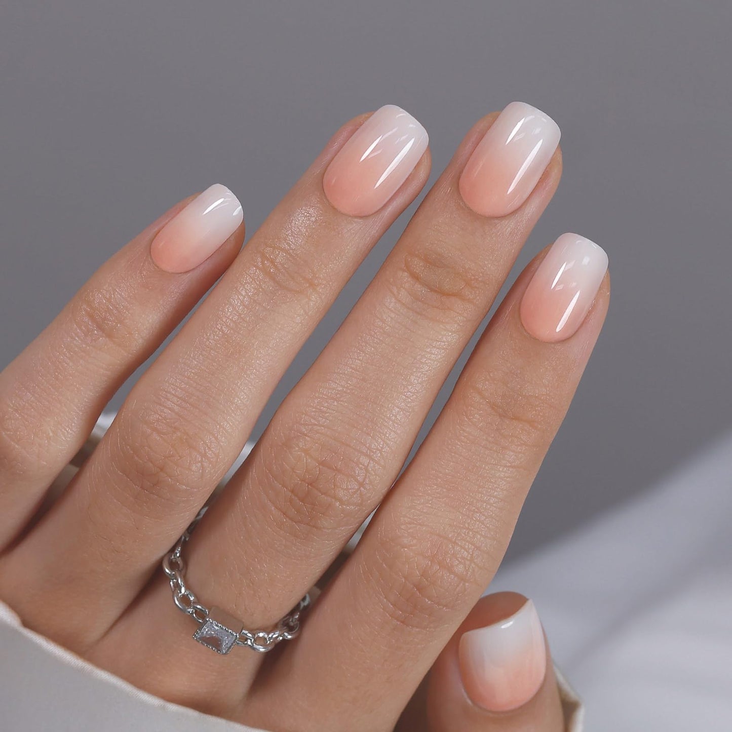 Ombre Press on Nails Short - SHANGMENG Soft Gel Valentines Square Press on Nails for Women Gift, Fit Perfectly & Natural Glue on Nails in 16 Sizes - 32 Reusable Fake Nails with Glue, Vanilla Cream