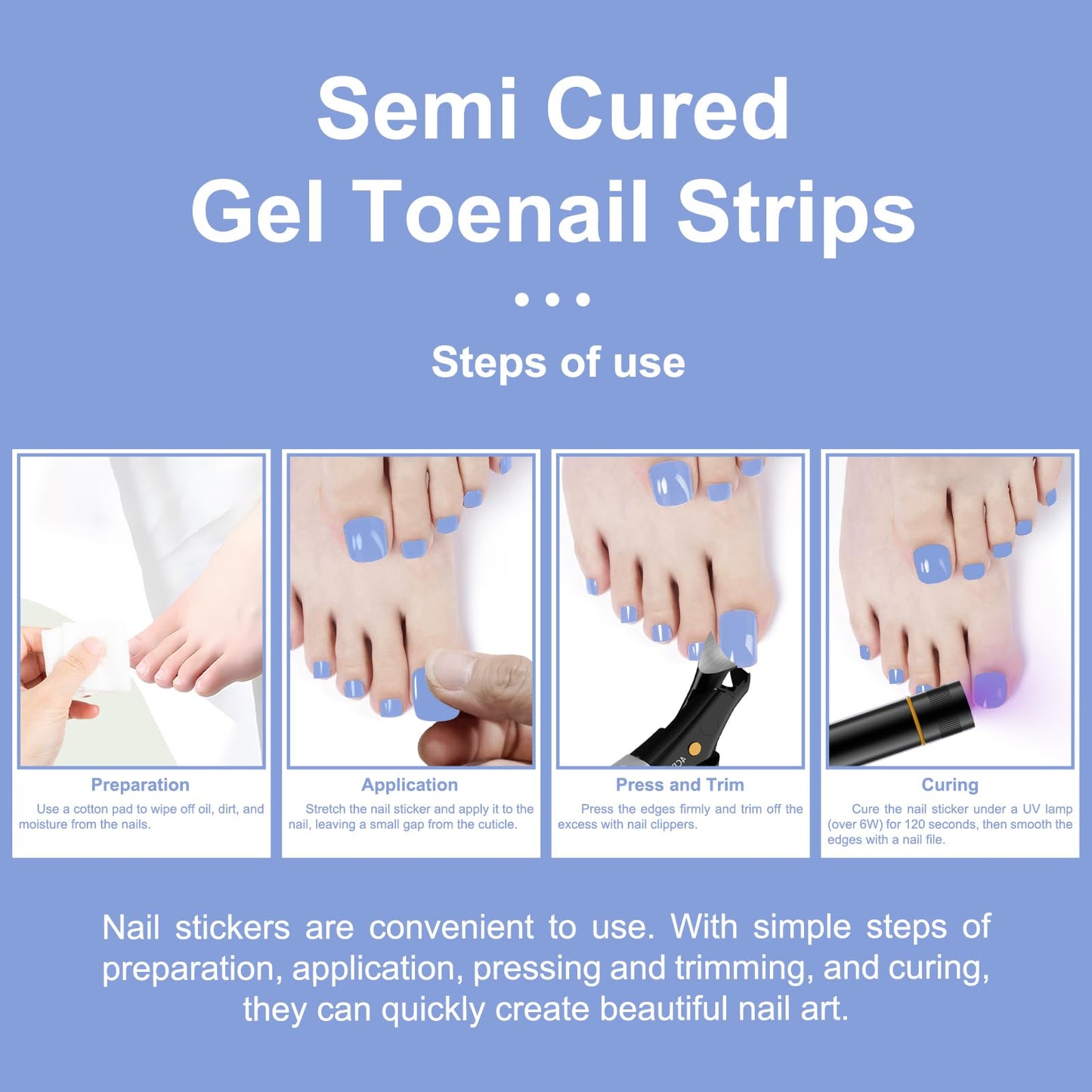 SILPECWEE Semi Cured Gel Nail Strips, Toenails Stickers Full Nail Wraps UV Light Required, Salon Quality, Easy to Apply & Remove, Toenail Strips for Women Girl (Dreamy Sky Red - 32PCS)