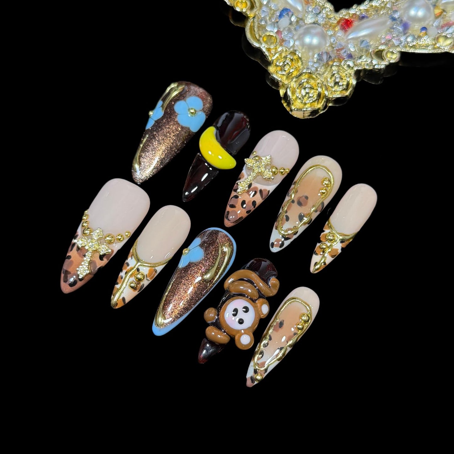 Handmade Press on Nails Cute 3D hand-crafted Monkey & Banana, Leopard Print Design - Long Stiletto Shape Reusable False Nails, Fun Animal Themed Nail Art (Pawky Monkey, M)