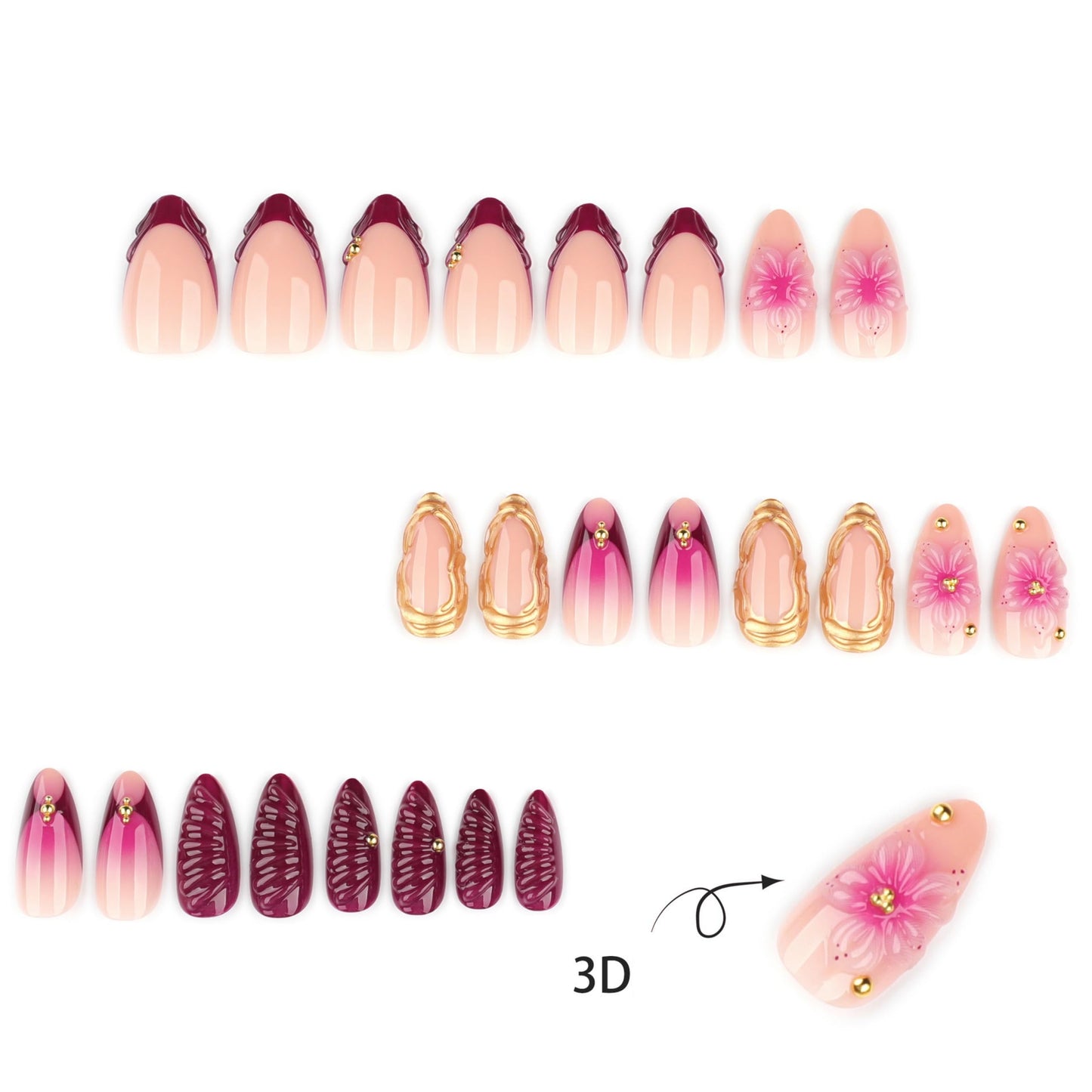 Almond Press on Nails Medium Fake Nails Purple Acrylic Nail Press ons Seeneey Pink Floral and Gold Charm Designs French Stick on Nail for Women 24pcs
