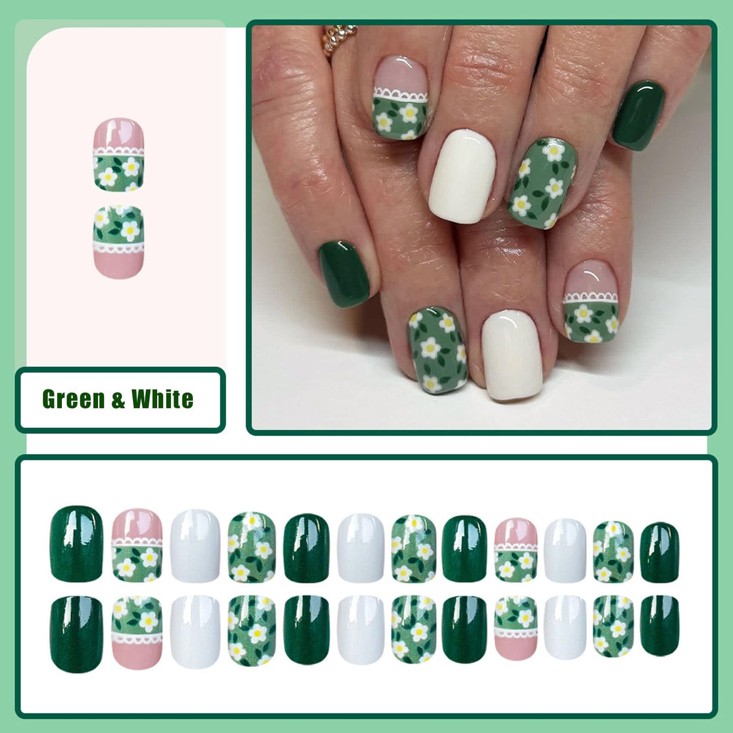 24Pcs Short Square Press on Nails Spring Summer Fake Nail False Nails with White Flowers Design Dark Green Acrylic Nail Press ons Pink Full Cover Manicure Set for Women Girls Fingertip Art