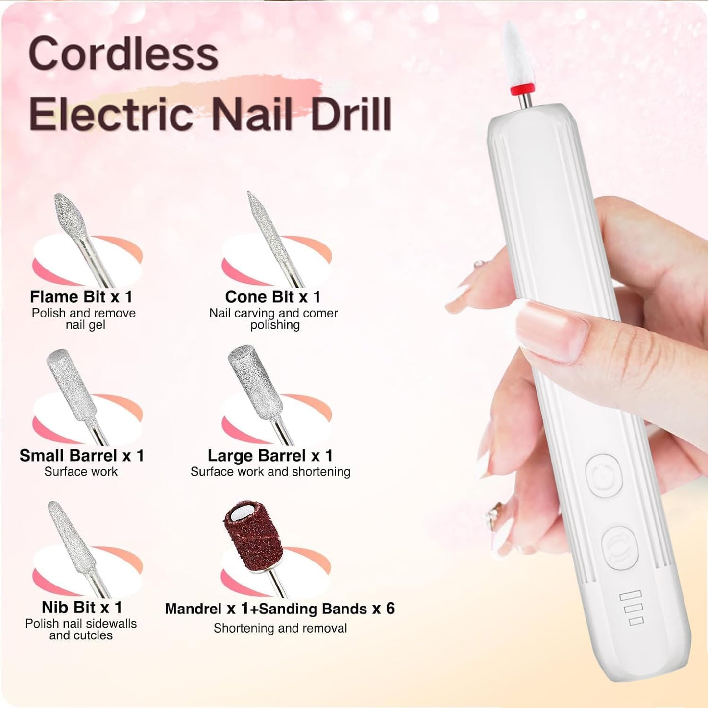 XunmotorYao Electric Nail File Set,Professional 3 Speeds Cordless Electric Nail Drill Kit for Acrylic Gel Nails,12 in 1 Manicure and Pedicure Tools for Home Salon(White)