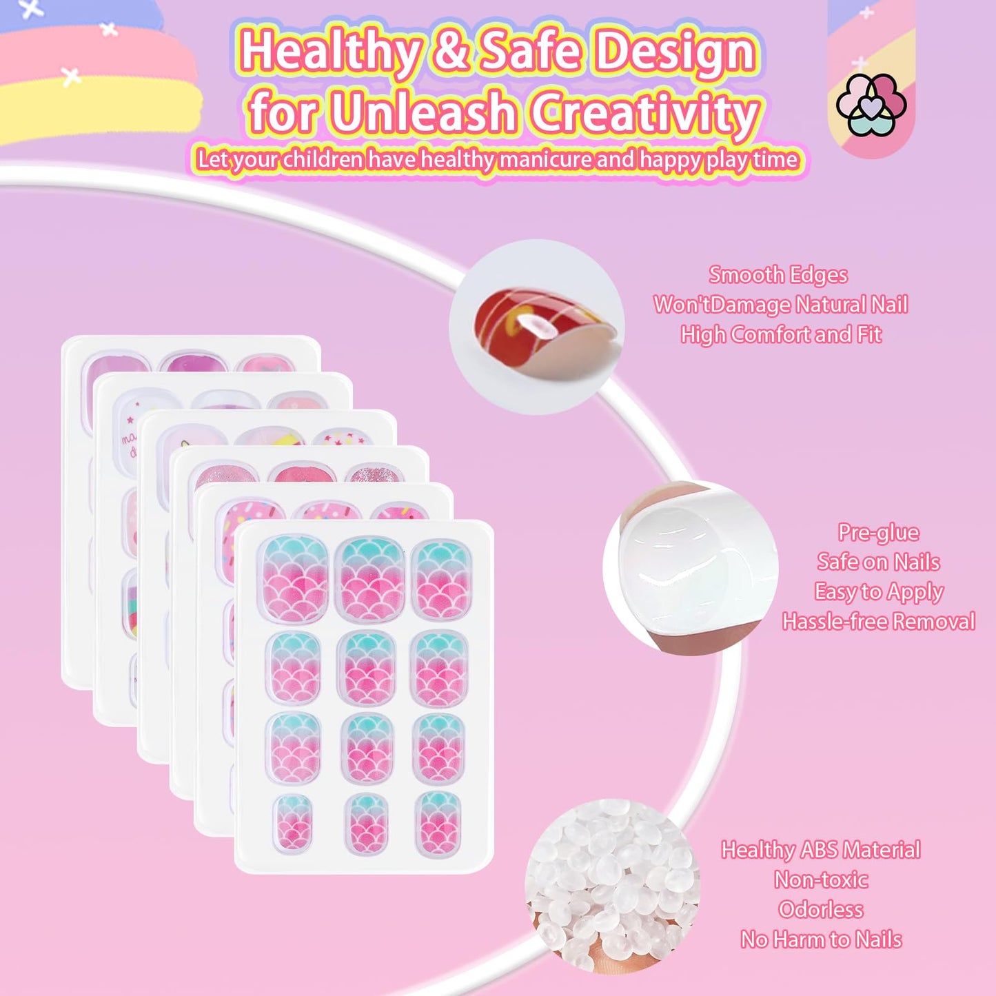 SAVILAND Creative Press on Nails for Kids: 6 Pack Children Fake Nails with 3D Stickers for 8-12 Years Girls Gifts Pre-Glue Full Cover Short Acrylic Nails Artificial False Nail Tips Nail Art Decoration