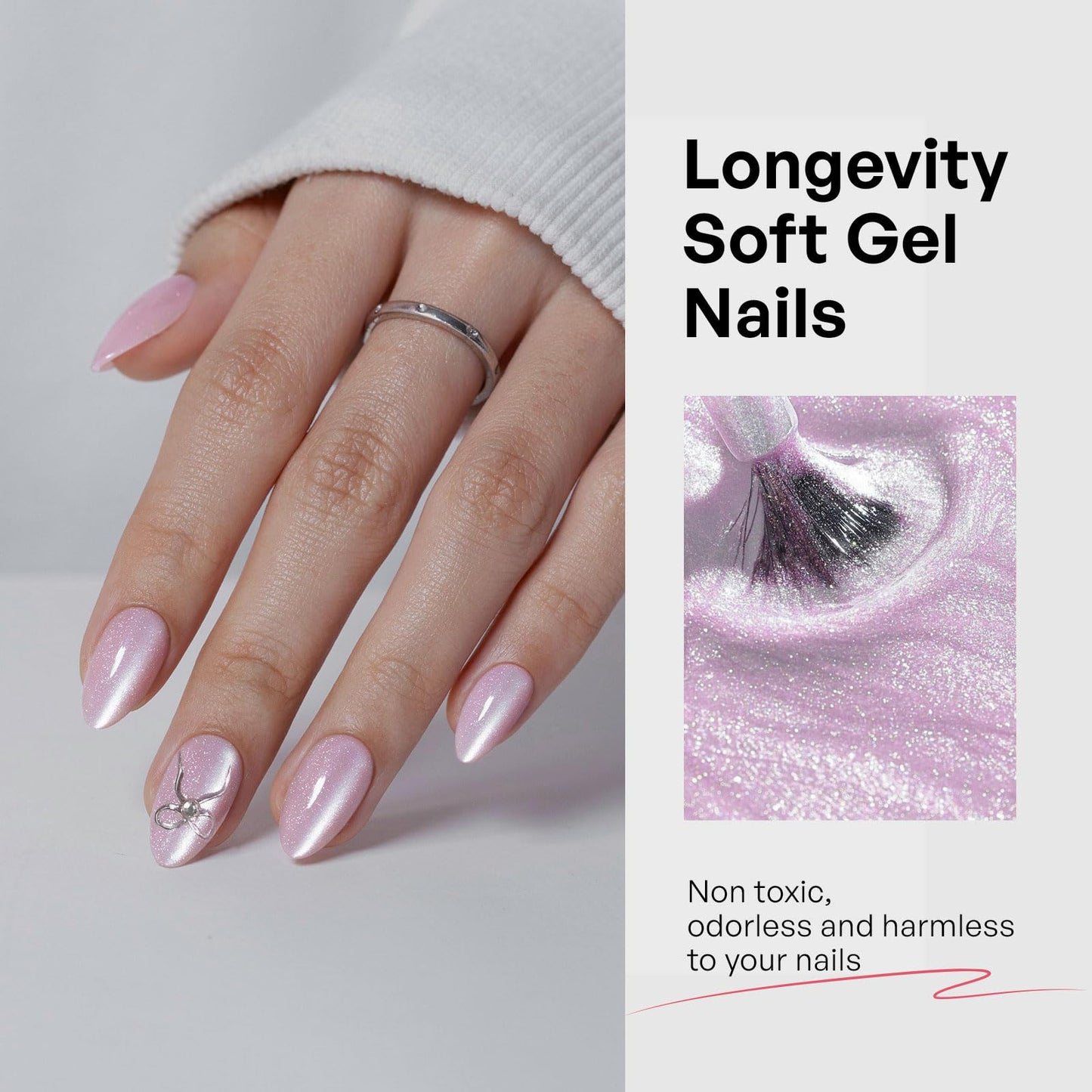 Pink Cat Eye Press on Nails Short - GJZEZ Soft Gel Pink Shimmer with Silver Bow Charm Coquette Almond Fake Nail Press ons Gifts for Women, Cute Glam Reusable Faux Nail in 16 Sizes 32 PCS, Velvet Bows