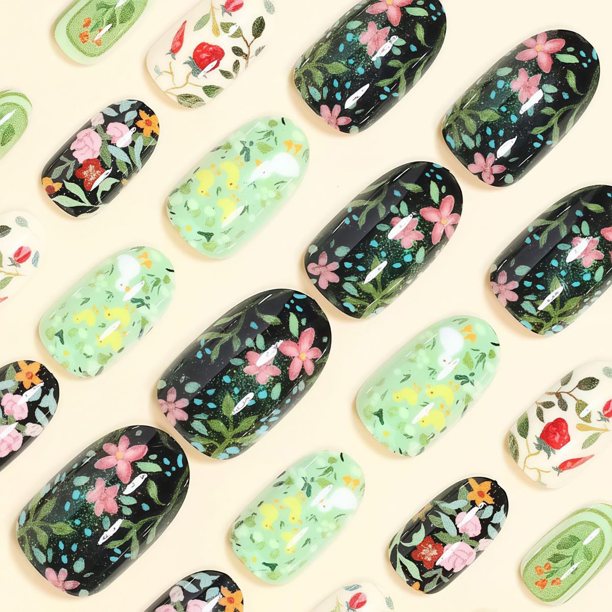 Short Press on Nails Oval - Green with Spring Flower & Duck Design, Oil Painting Style Full Cover Glossy Fake Nails 24PCS for Women Manicure