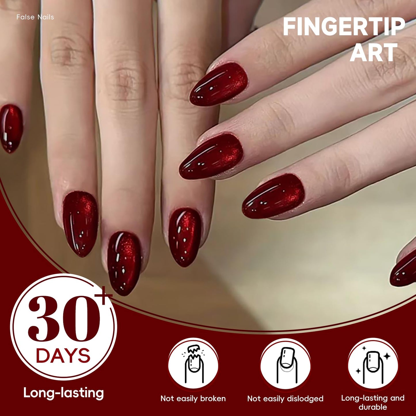HOSAILY Red Cat Eye Press on Nails Almond, 24pcs Glitter Burgundy Fake Nails Short Stiletto, Winter Xmas Black Dark Red Glue on Nails Press ons, Glossy Shiny Bling Natural Stick on Nail for Women Gift