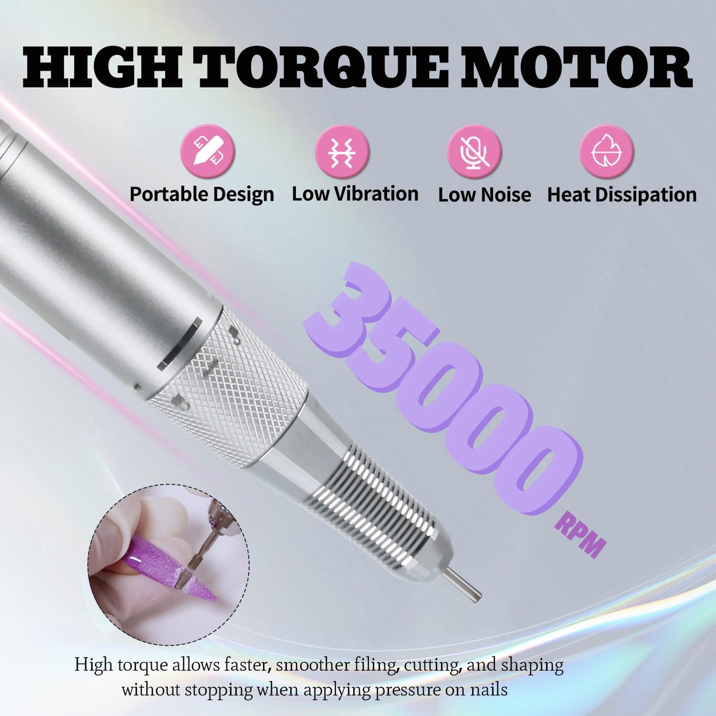 Electric Nail Drill Machine 35000RPM Professional Portable Nail File Cordless Rechargeable Nail Efile for Acrylic Gel Nails Manicure Pedicure Polishing Shape Tools for Salon (Silver)