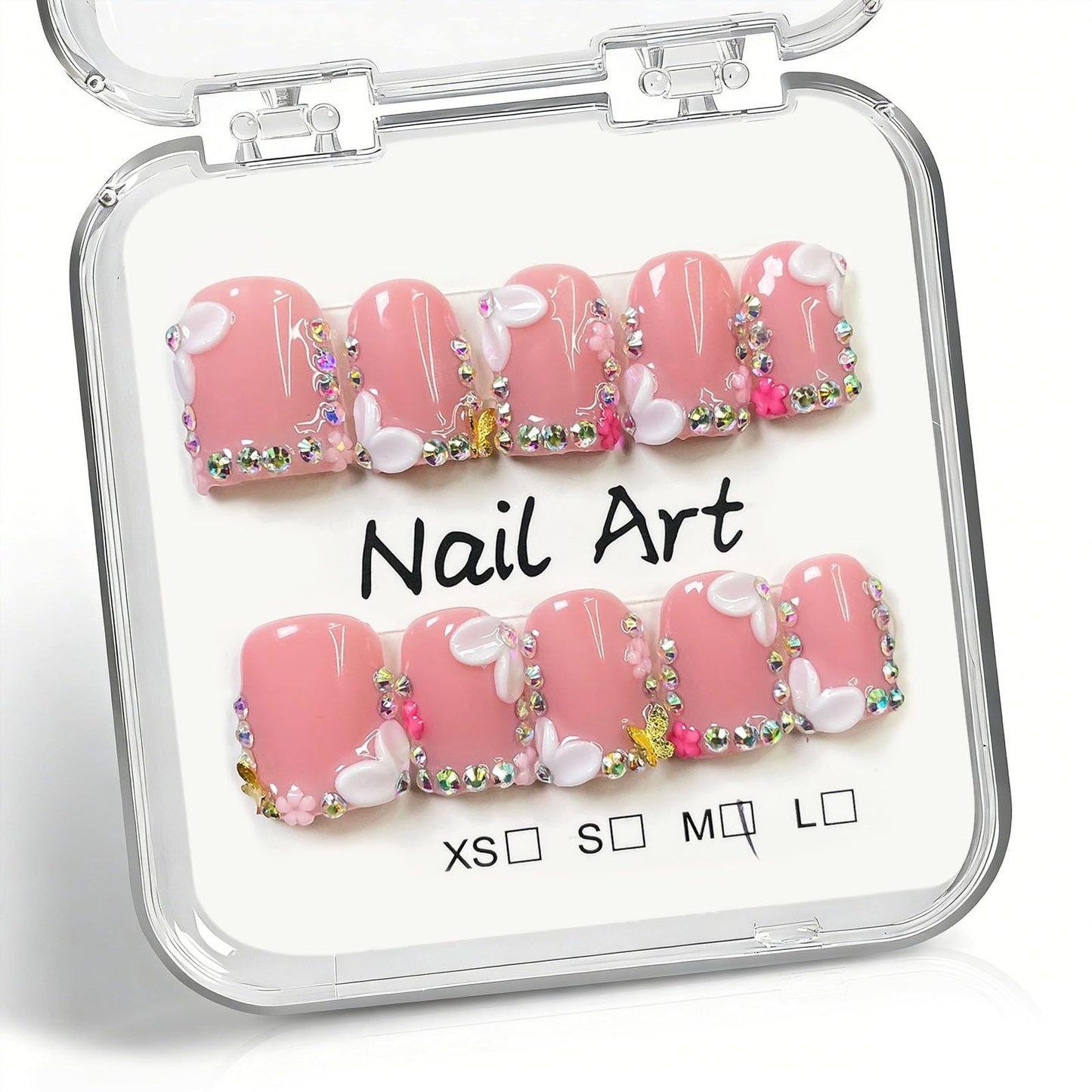 10 Pcs Pink Handmade Press on Nails Short Square Fake Nails with 3D Flower Rhinestones Charms Design Acrylic False Nails M Size Press Ons Nails Square for Women Manicure