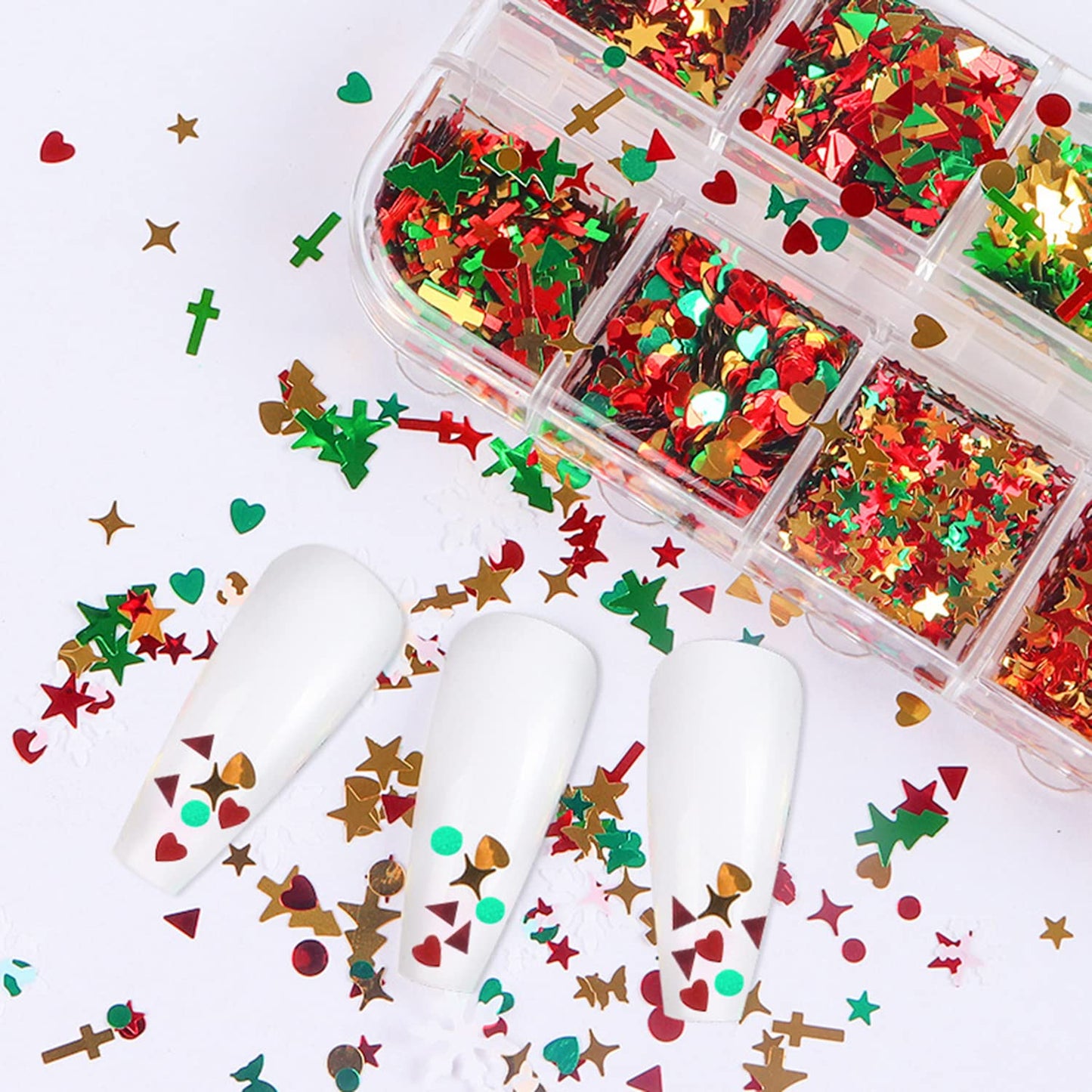 Christmas Glitter Nail Art Sequins, 3D Christmas Tree Snowflakes Love Heart Stars Circle Nail Sparkly Flakes Design Supplies for Women Girls Manicure Holiday Decorations, Xmas Resin Nail Art Tips